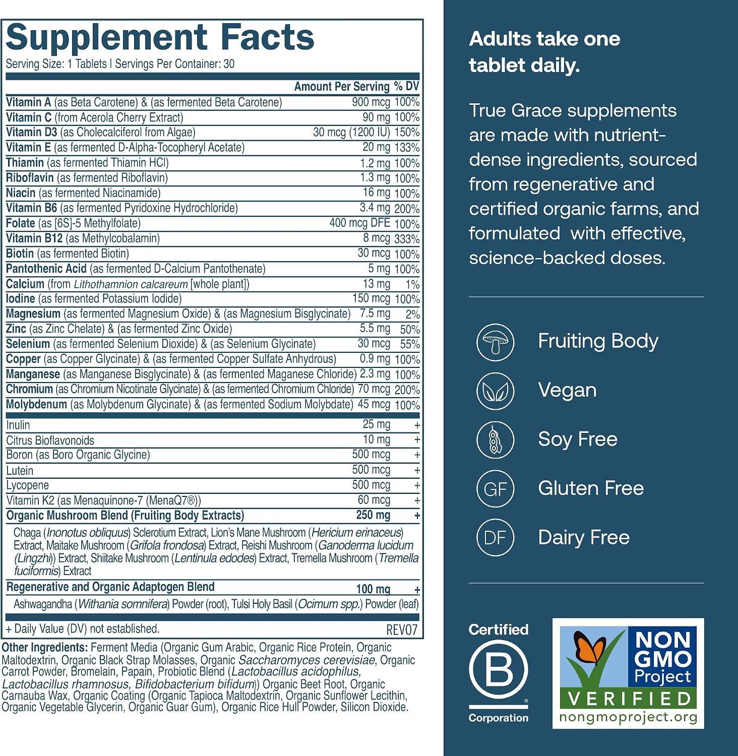 True Grace Multivitamínico para Hombres 40+ con Minerales Fermentados, Adaptógenos Orgánicos y Hongos Medicinales - 30 Comprimidos Veganos