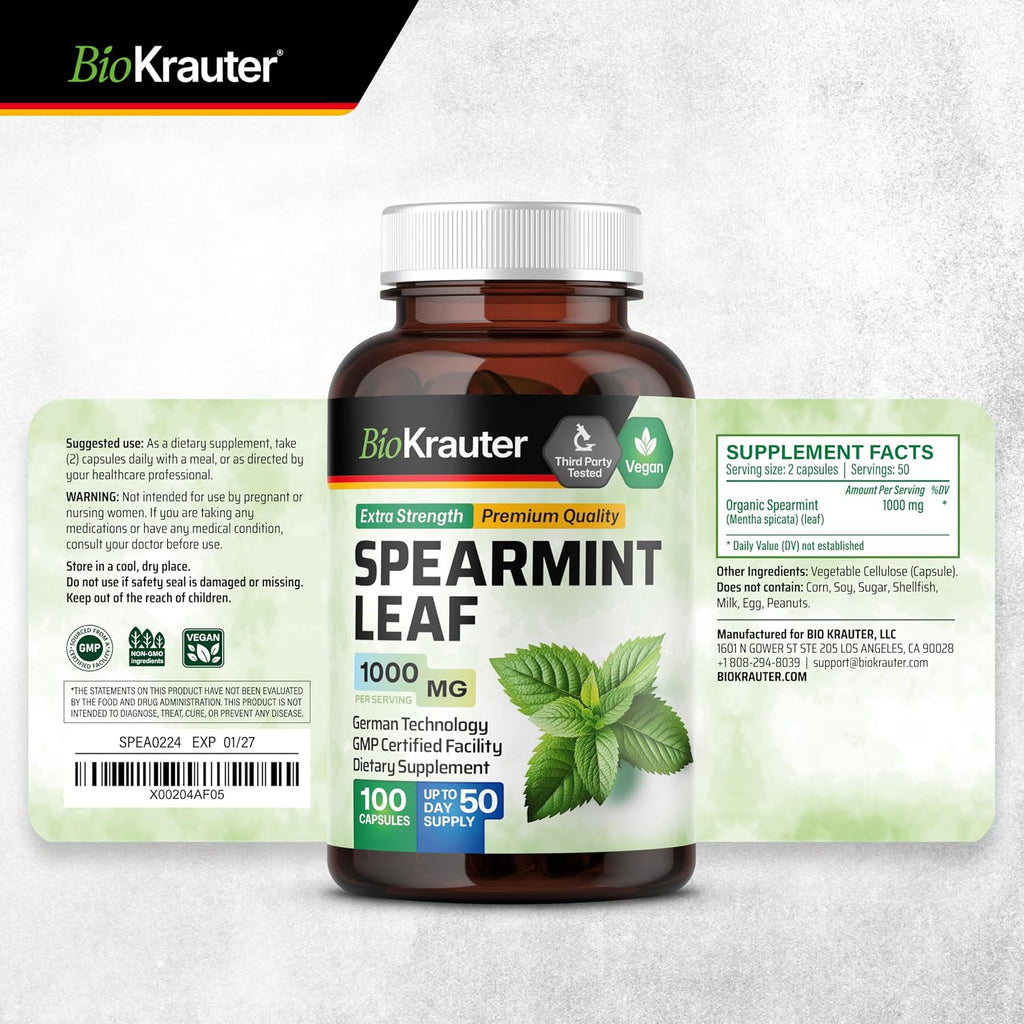 BIO KRAUTER® Cápsulas de Menta Verde - 1000 mg - Vegano - 100 Cápsulas (50 Días)