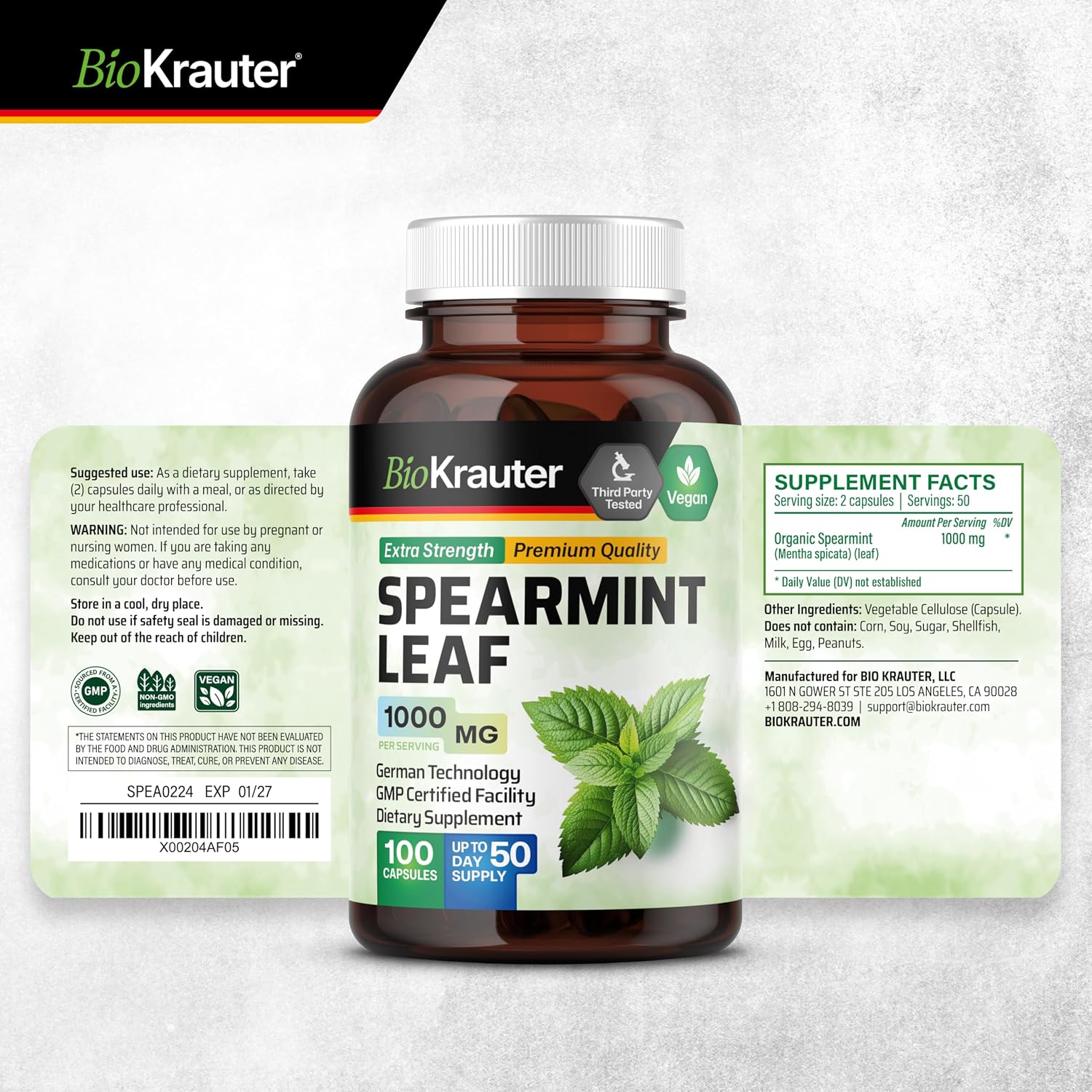 BIO KRAUTER® Cápsulas de Menta Verde - 1000 mg - Vegano - 100 Cápsulas (50 Días)