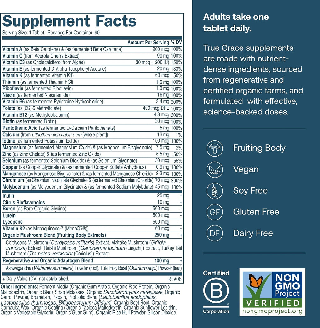True Grace One Daily Men’s Multivitamin - Multivitamínico Masculino con Minerales Fermentados, Adaptógenos y Setas Orgánicas - 90 Comprimidos Veganos