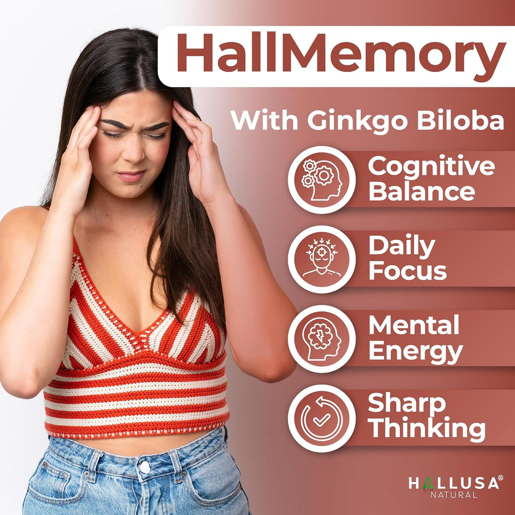 Hallusa Natural Brain Health Supplement - Memoria y Concentración con Ginkgo Biloba, Colina y Complejo B - 60 Cápsulas