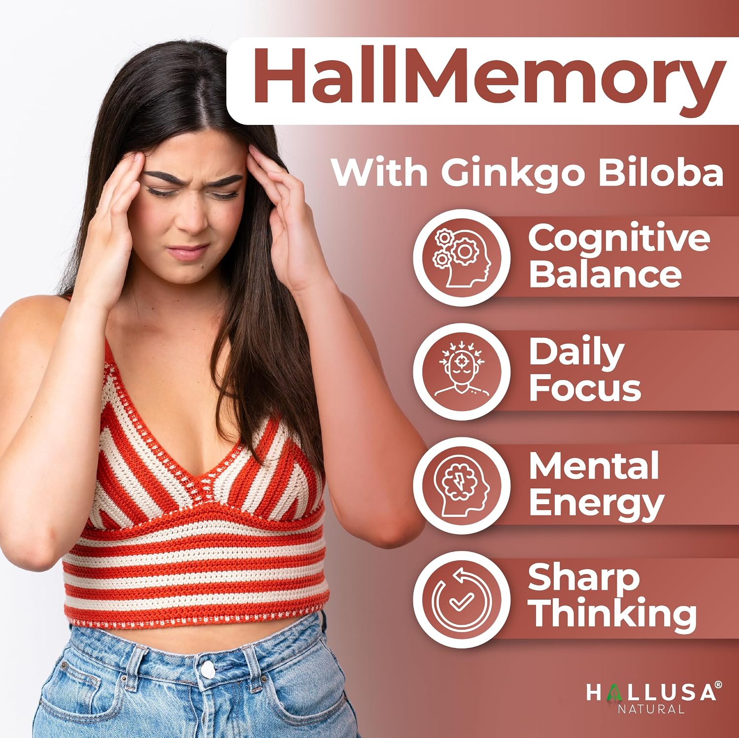 Hallusa Natural Brain Health Supplement - Memoria y Concentración con Ginkgo Biloba, Colina y Complejo B - 60 Cápsulas