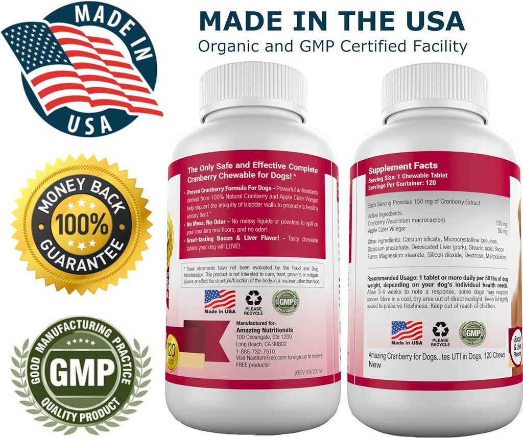 Amazing Cranberry Suplemento de Arándano para Perros - Apoyo Urinario y de Vejiga - 120 Masticables con Vinagre de Manzana para la Salud Inmunitaria - Sabor Bacon