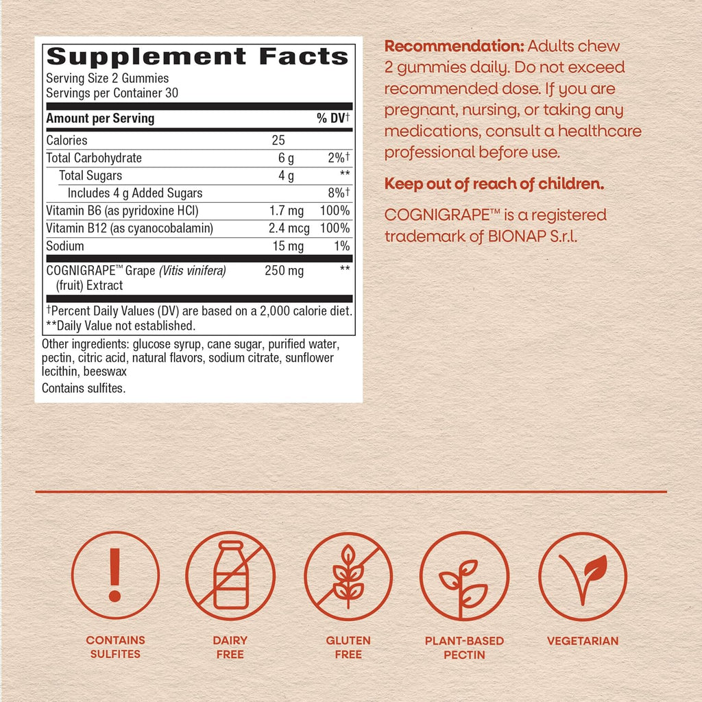 Nature's Way Brain Fuel Gummies - Gominolas para el apoyo cognitivo, con Cognigrape, vitaminas B6 y B12, sabor a uva, 60 unidades