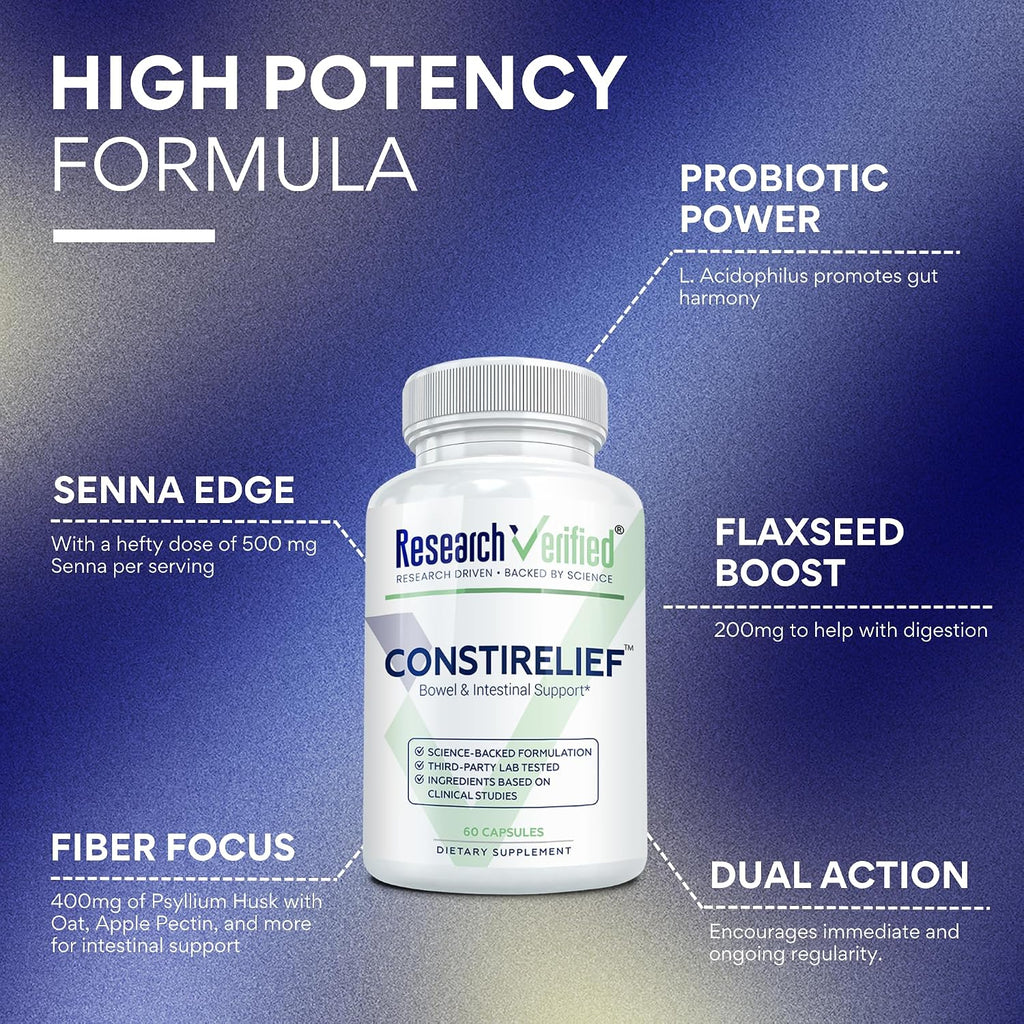 Research Verified ConstiRelief - Suplemento para el estreñimiento con Senna, Psyllium y L. Acidophilus (Pack de 3)