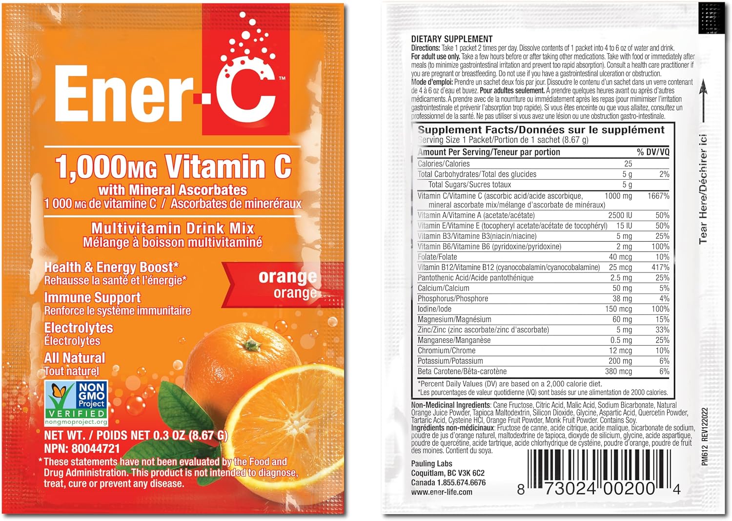 Ener-C Multivitamin Drink Mix - 60 Sobres, Sabor Naranja