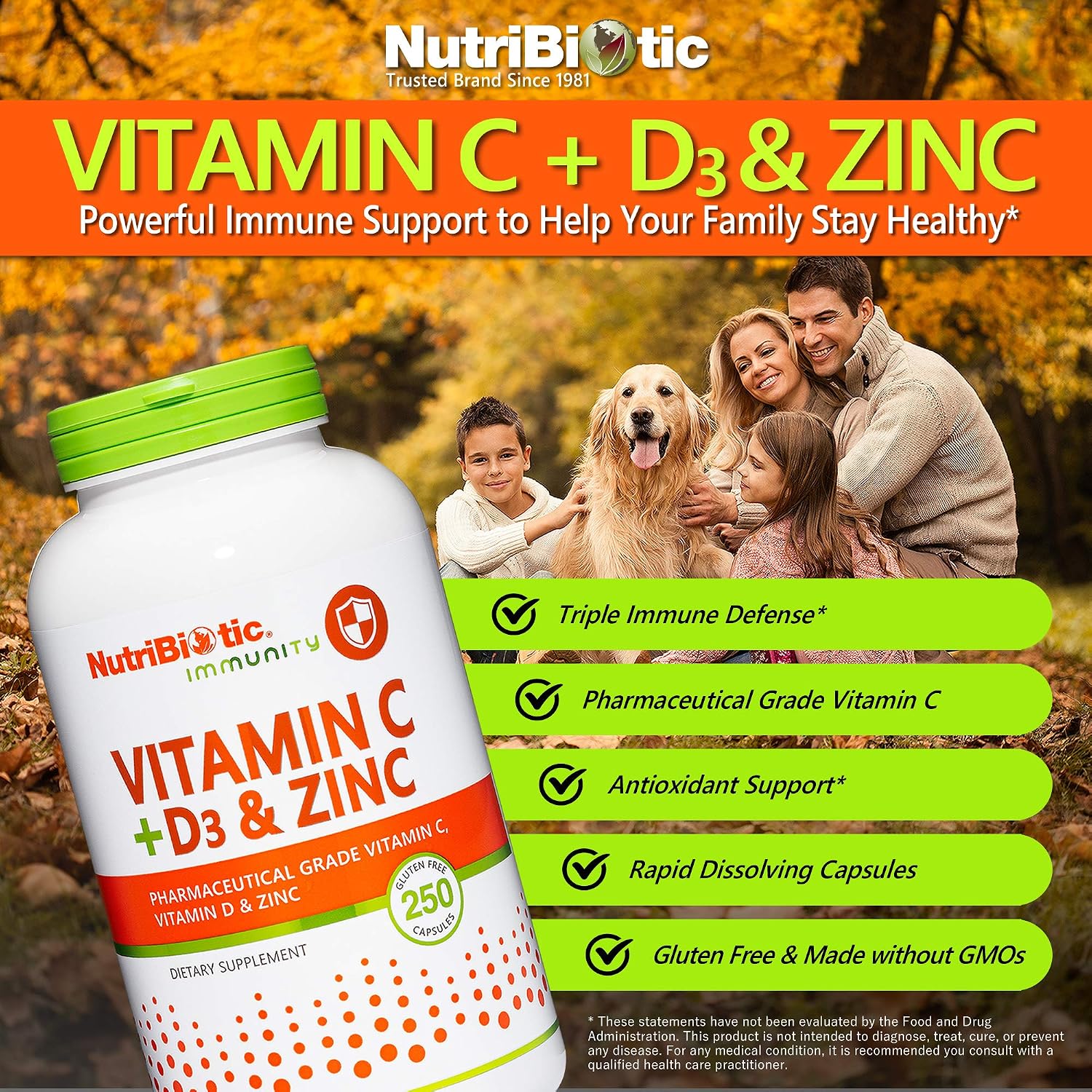 NutriBiotic – Vitamina C + Vitamina D3 y Zinc, 250 Cápsulas