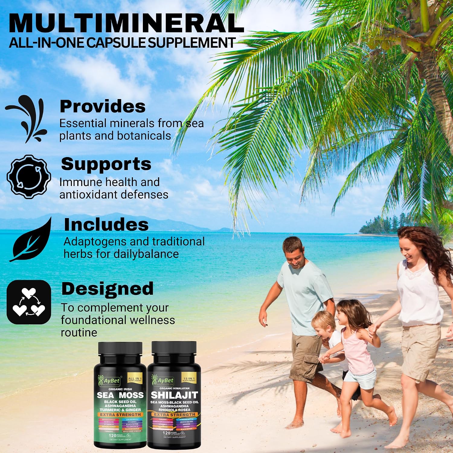 AyBet Sea Moss y Shilajit del Himalaya – Fórmula Herbal 22 en 1 con Ashwagandha, Cúrcuma, Jengibre – Minerales y Antioxidantes – Cápsulas Orgánicas, Halal, Veganas – 120 Unidades