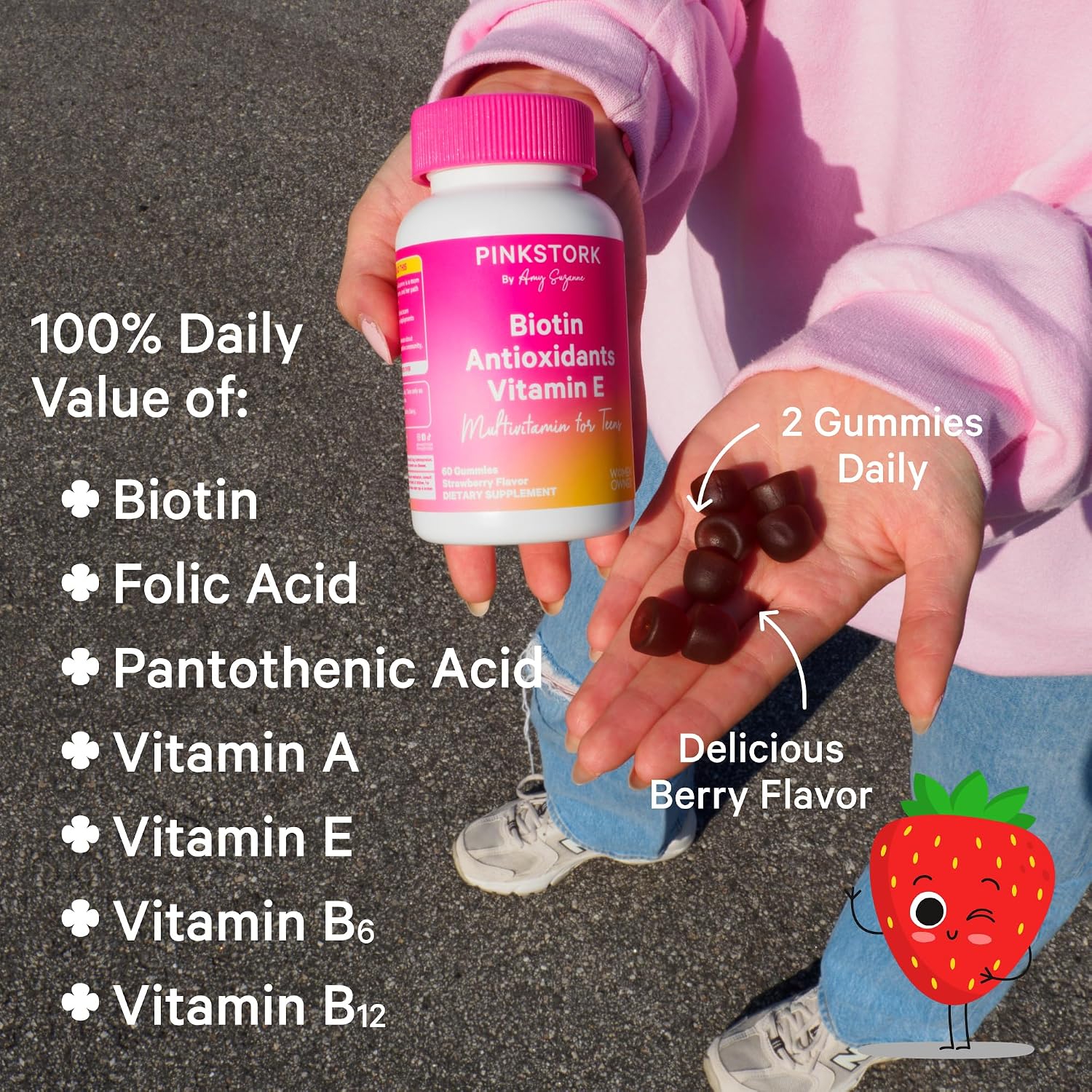 Pink Stork Biotin Multivitamin for Teens, 60 Gominolas de Frutos Rojos