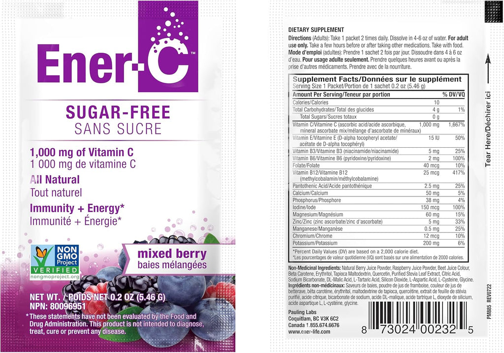 Ener-C Sugar Free Multivitamin Drink Mix, Mixed Berry, 60 Sobres