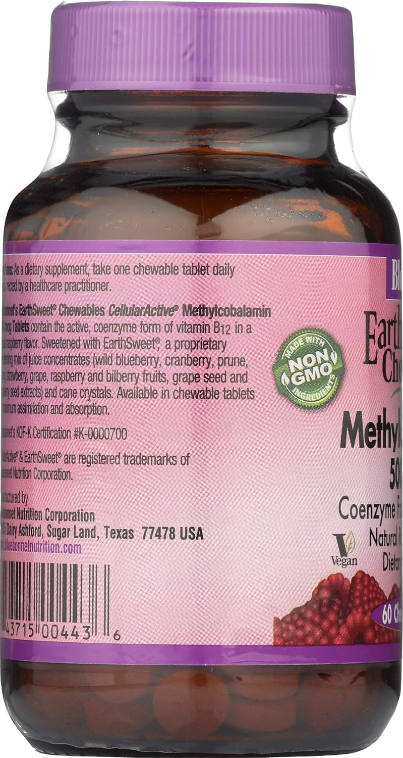 BlueBonnet Nutrition Masticables Earth Sweet, Metilcobalamina CellularActive, Frambuesa, 5,000 mcg, 60 Tabletas Masticables