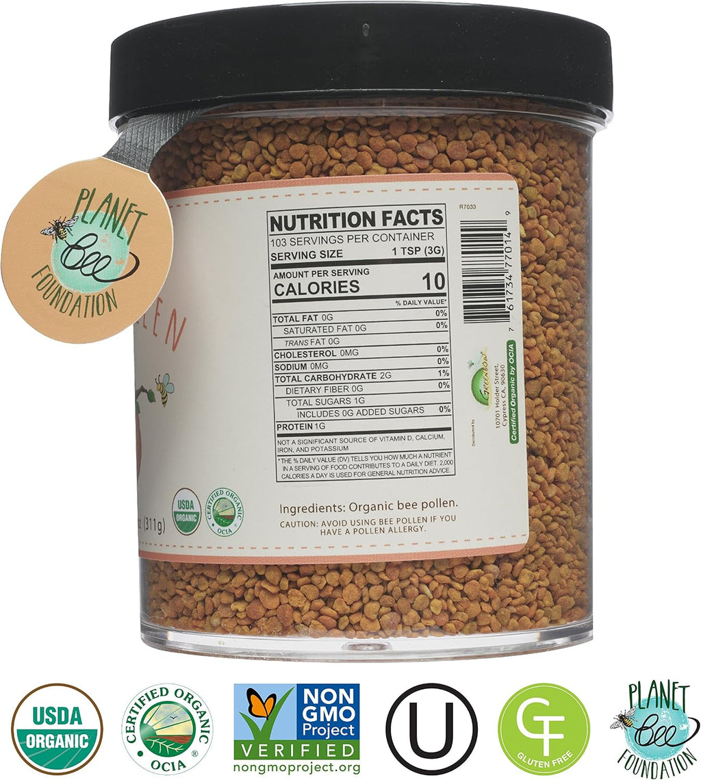 Greenbow Organic Bee Pollen - 100% USDA Certified Organic, Non-GMO, Kosher, Halal - Superfood with Protein, Vitamins & Minerals - 311g