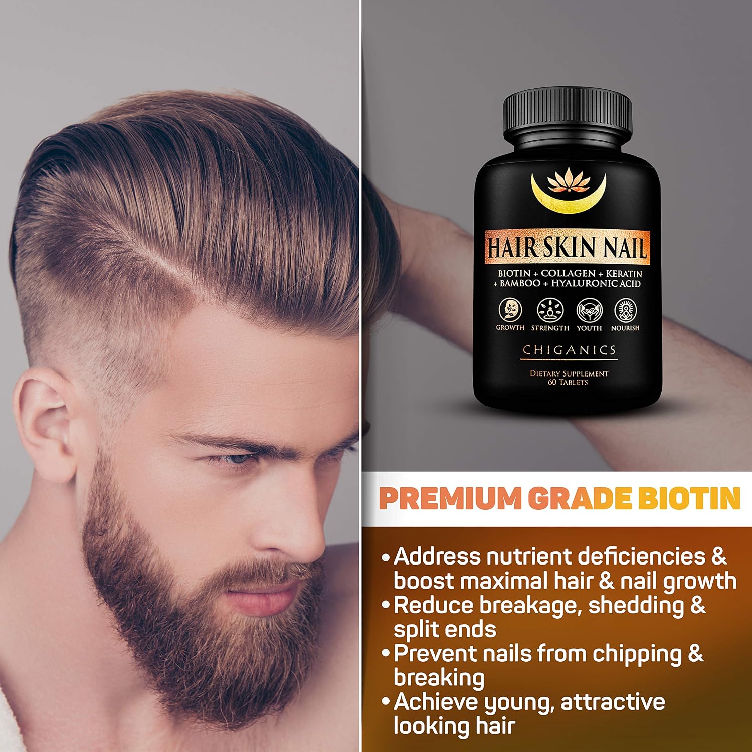 10X Potente Biotina 5000mcg con Keratina, Colágeno y Sílice para Cabello, Piel y Uñas