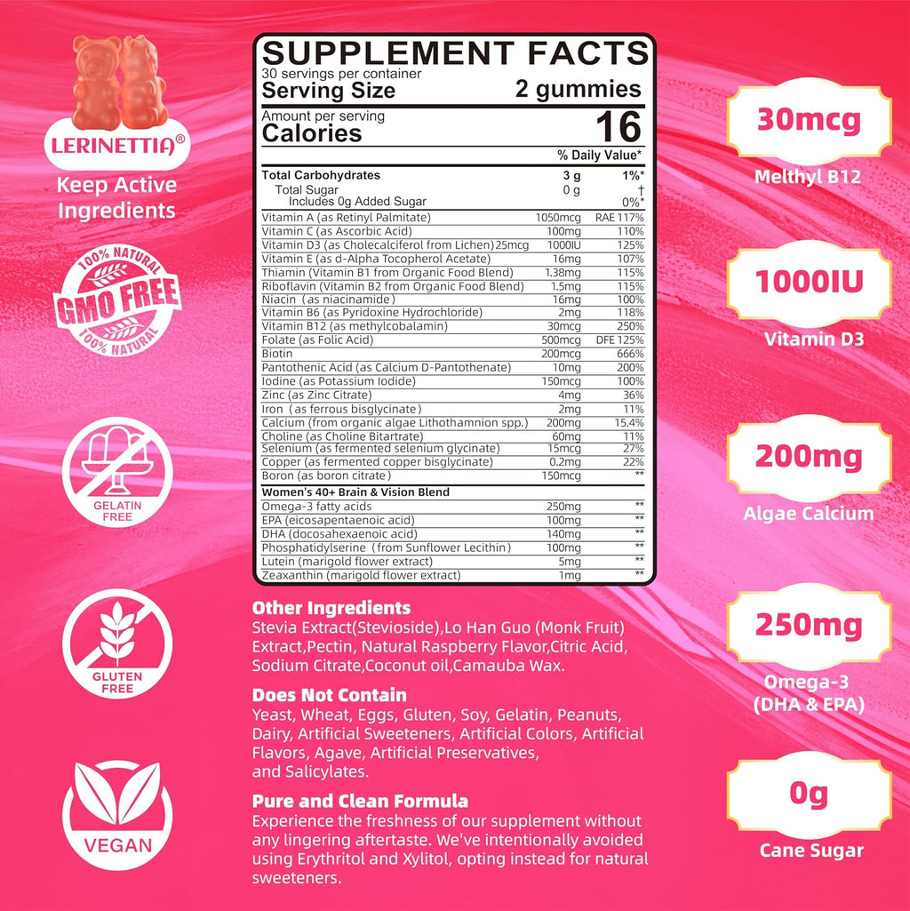 Multivitamínico para Mujeres 40+ con Omega-3, Hierro y Complejo B - Gomitas Veganas Sin Azúcar - 60 Unidades