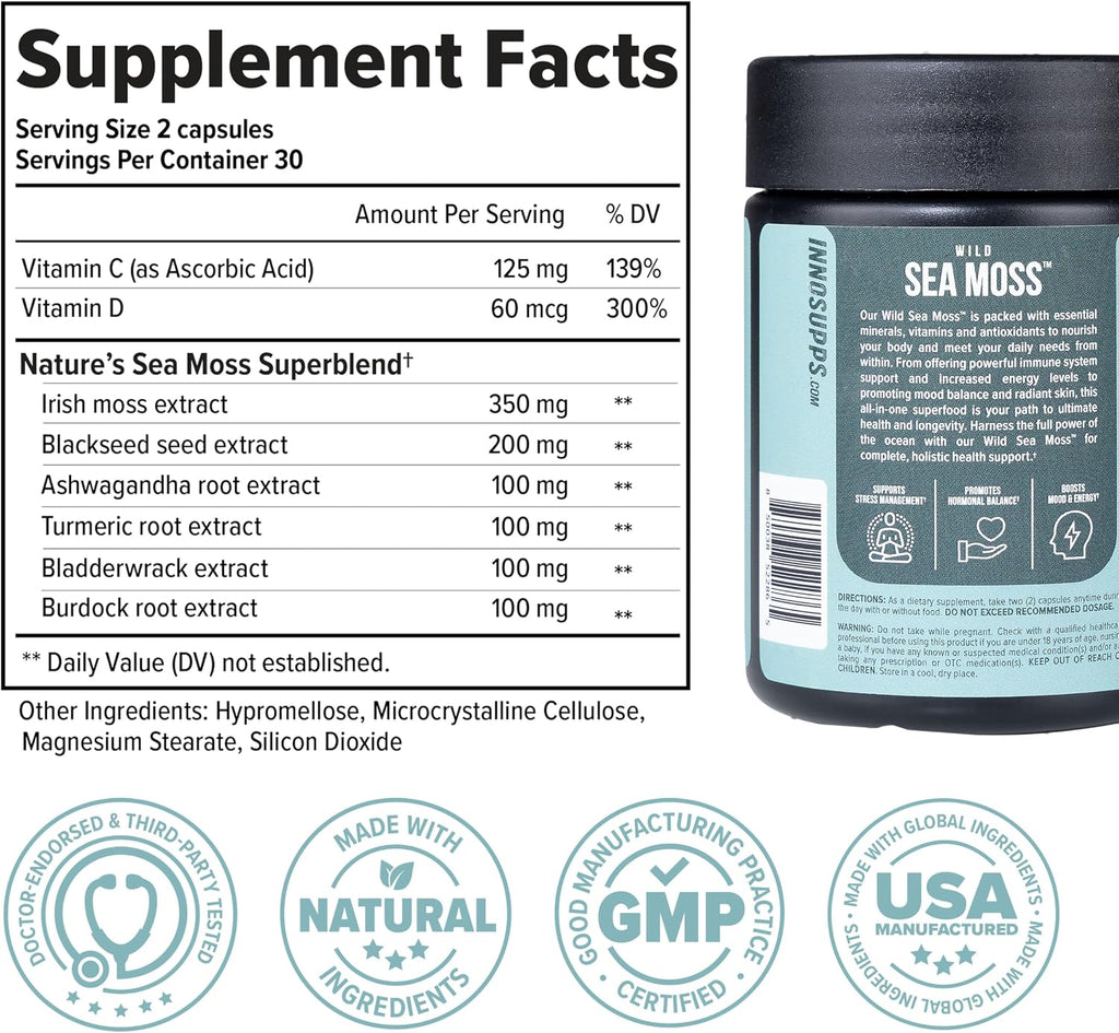 InnoSupps Wild Sea Moss Cápsulas - Complemento de Musgo Marino para Vitalidad y Salud Digestiva (30 Porciones)