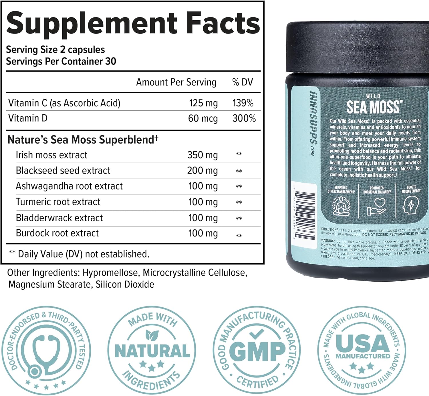 InnoSupps Wild Sea Moss Cápsulas - Complemento de Musgo Marino para Vitalidad y Salud Digestiva (30 Porciones)