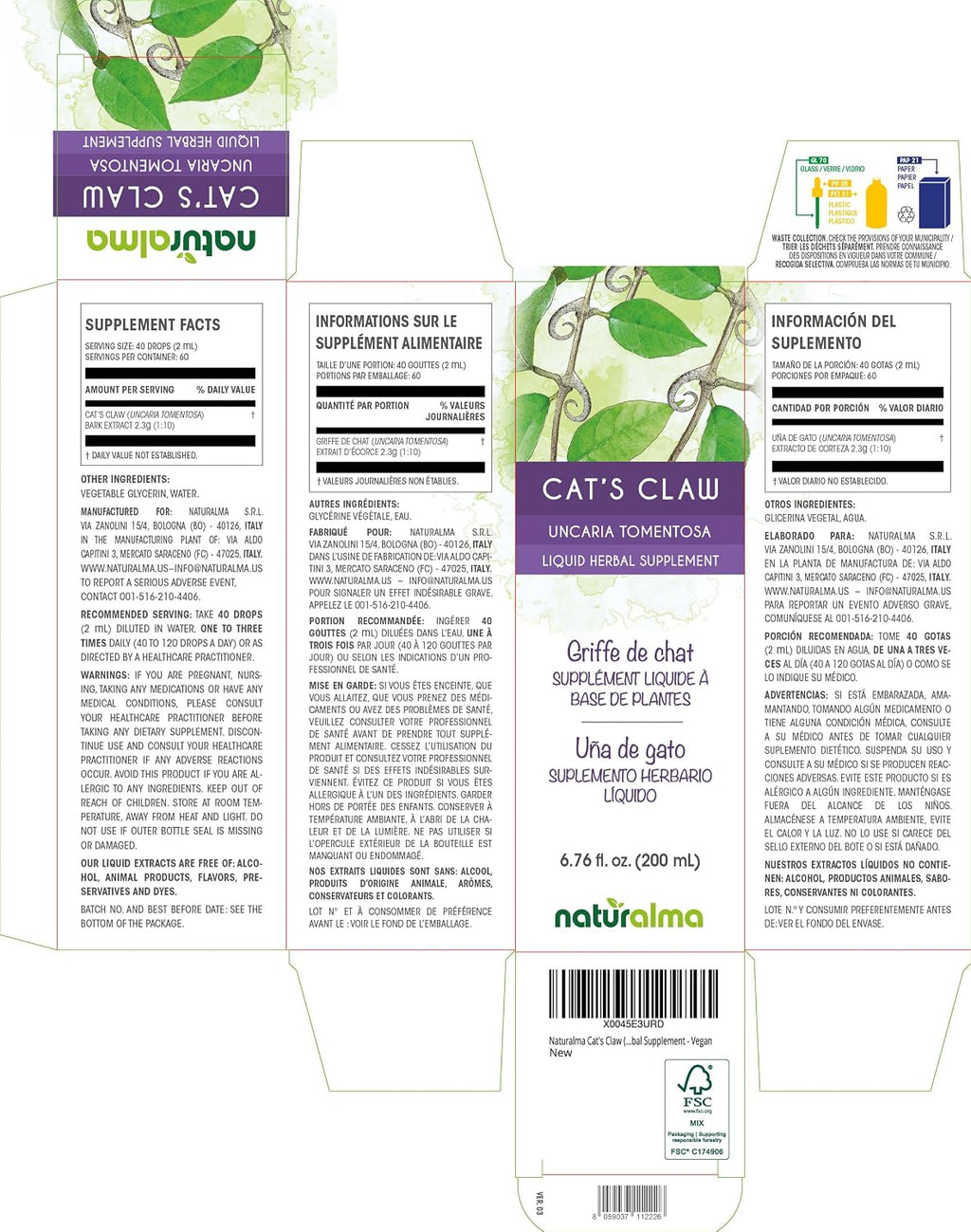 Naturalma Cat's Claw (Uncaria tomentosa) corteza Tintura sin alcohol - 200 ml Extracto líquido en gotas - Complemento herbal - Vegano