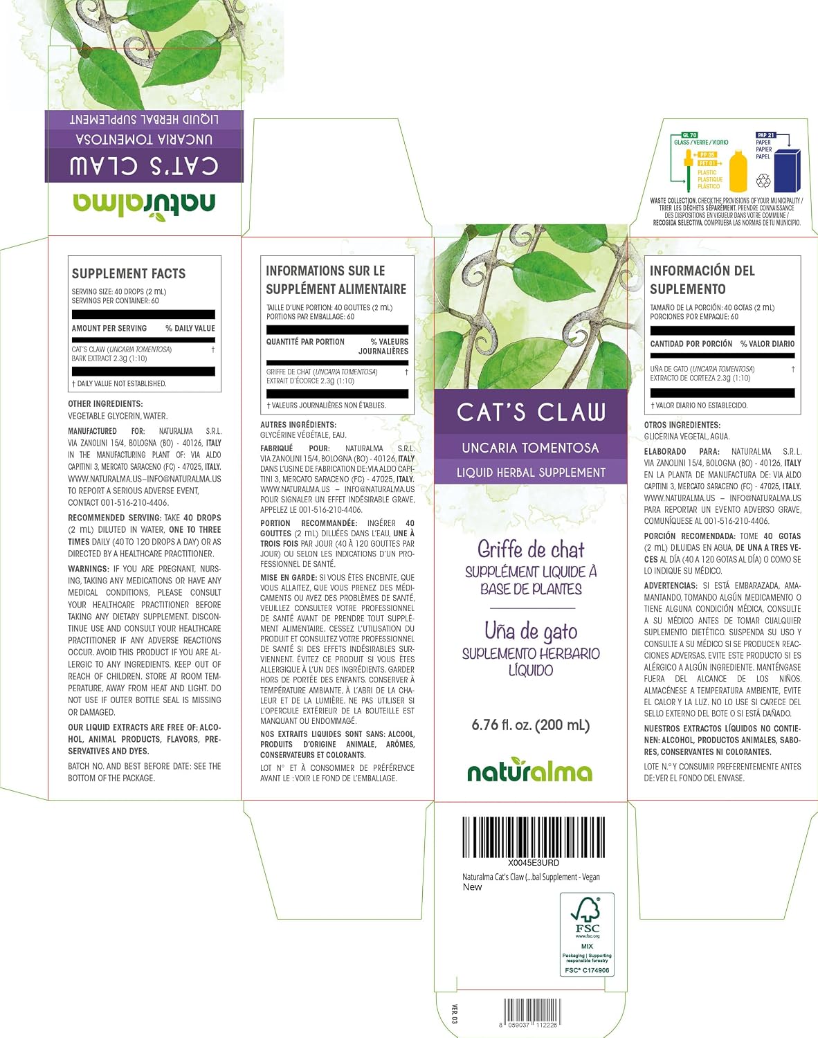 Naturalma Cat's Claw (Uncaria tomentosa) corteza Tintura sin alcohol - 200 ml Extracto líquido en gotas - Complemento herbal - Vegano