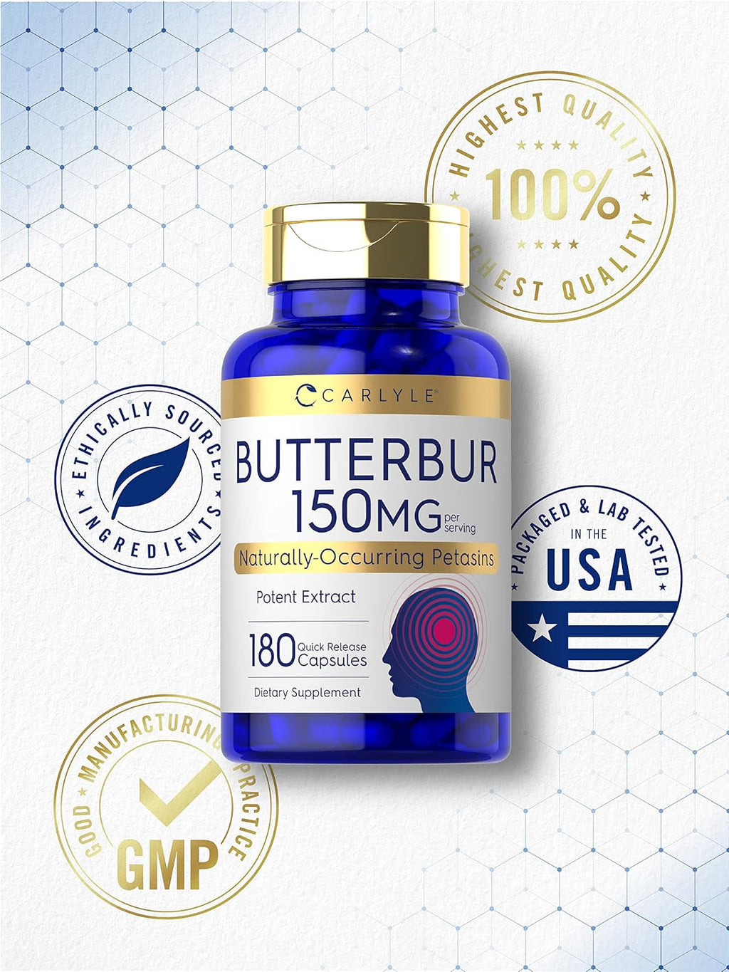 Carlyle Butterbur 150 mg | 180 Cápsulas | Extracto de Partes Aéreas Libre de PA | Petasites Hybridus | No GMO y Sin Gluten