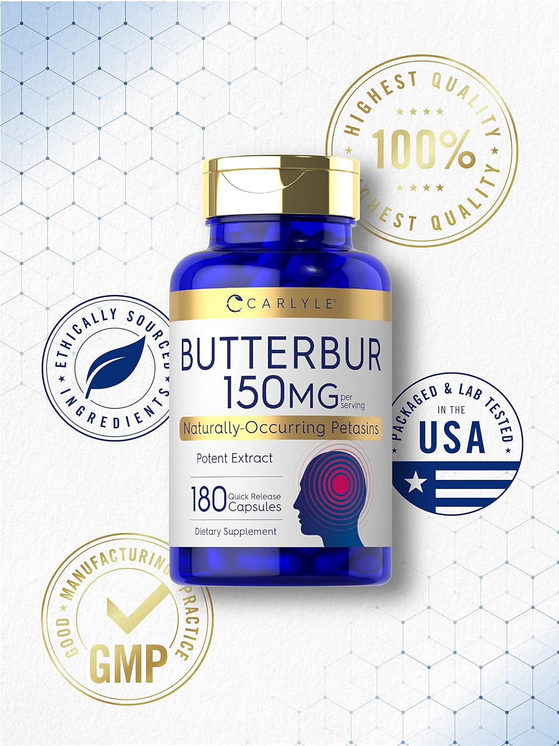 Carlyle Butterbur 150 mg | 180 Cápsulas | Extracto de Partes Aéreas Libre de PA | Petasites Hybridus | No GMO y Sin Gluten