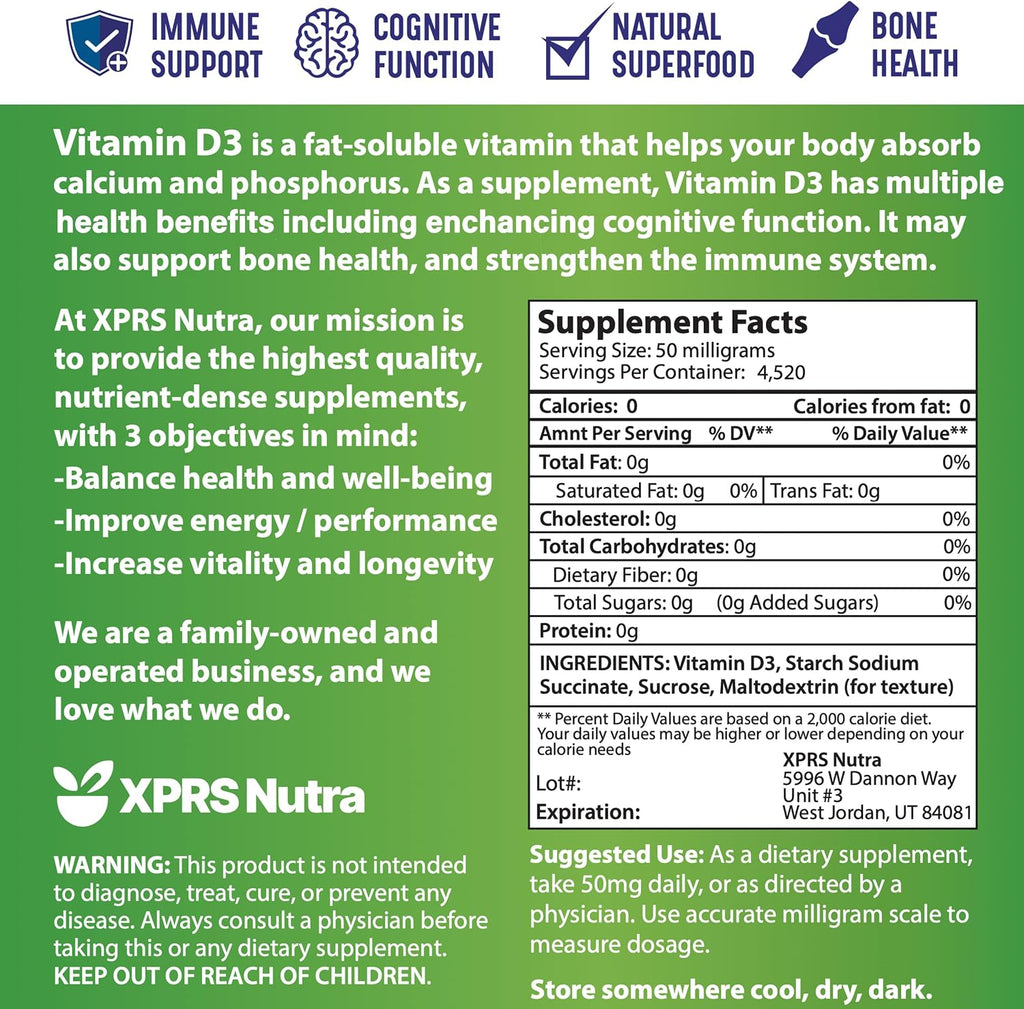 XPRS Nutra Vitamina D3 en Polvo (Colecalciferol) - Sin Sabor - 227 g