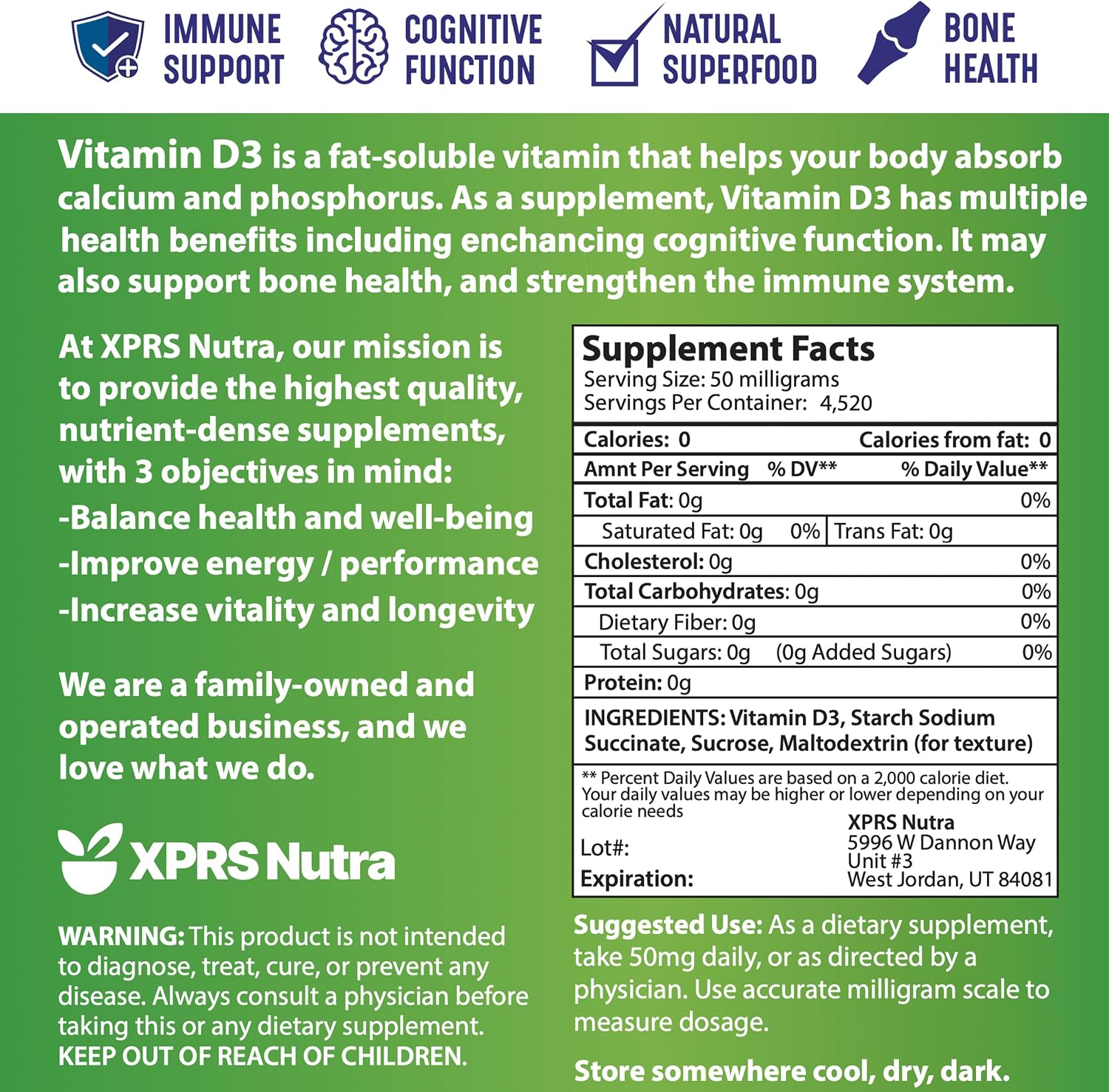 XPRS Nutra Vitamina D3 en Polvo (Colecalciferol) - Sin Sabor - 227 g
