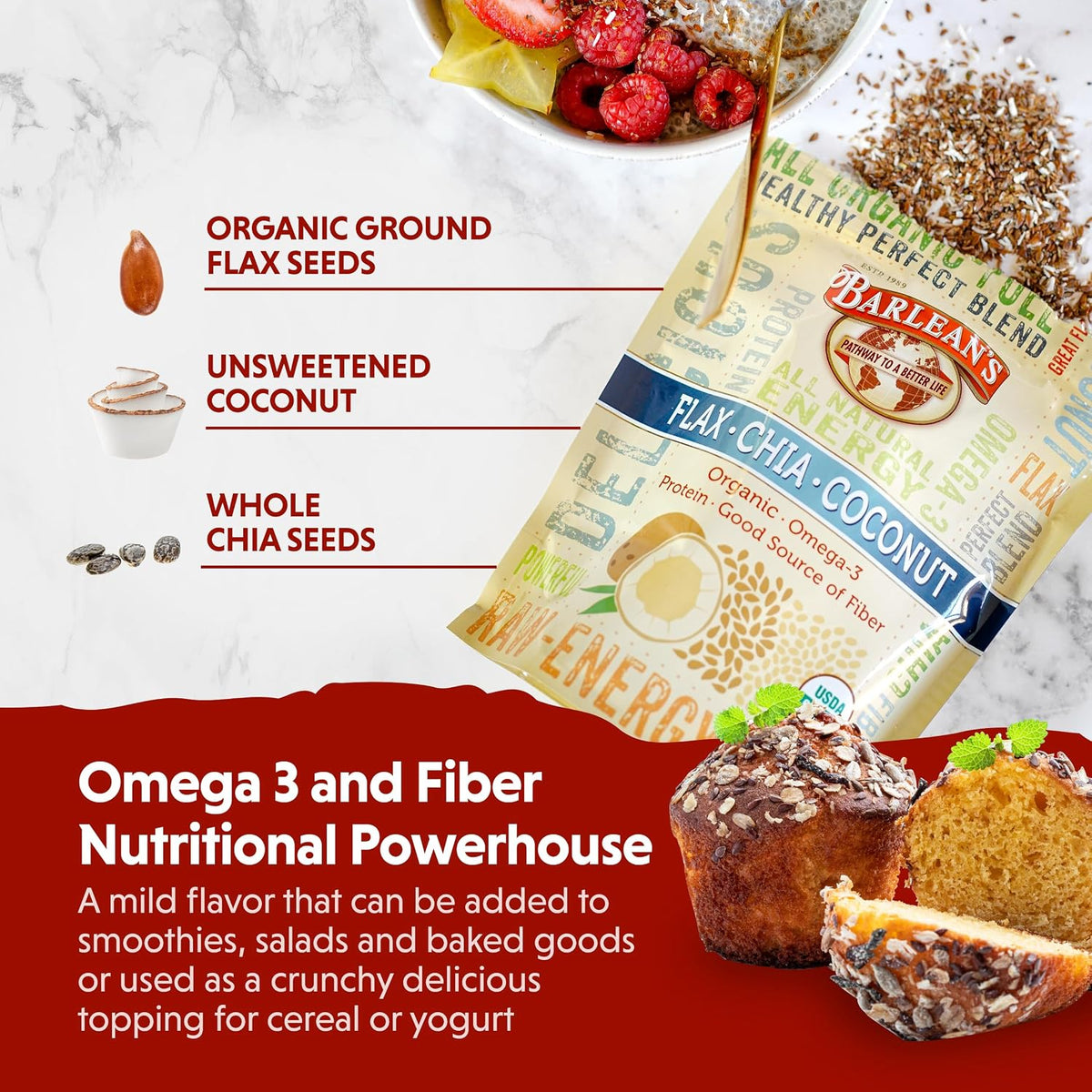 Mezcla Orgánica de Semillas de Lino, Chía y Coco con 2.330 mg de Ácidos Grasos Omega-3, Suplemento de Fibra con Semillas de – Image 3