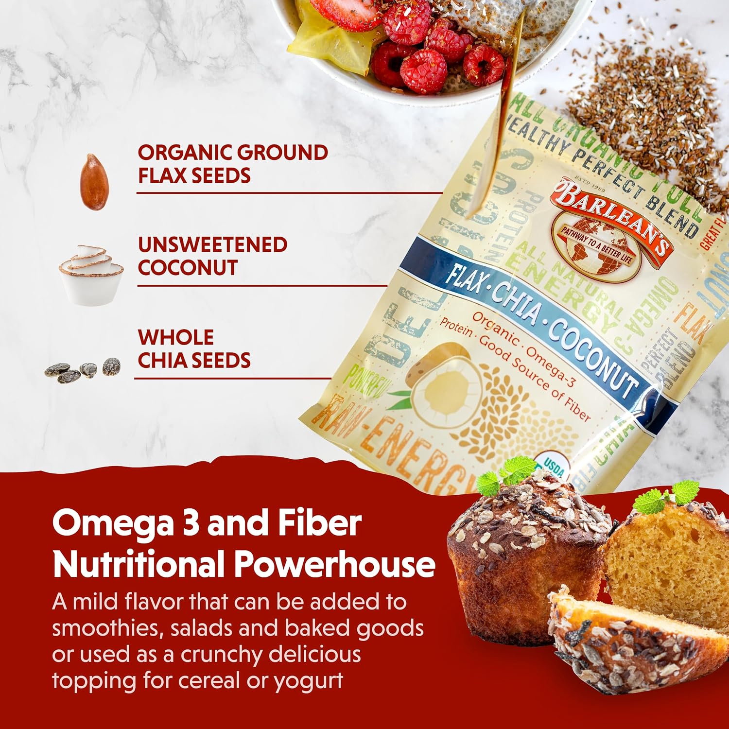 Organic Flax, Chia, and Coconut Seed Blend with 2,330 mg Omega-3 Fatty Acids, Fiber Supplement with Whole Chia Seeds and Ground Flax, 340g