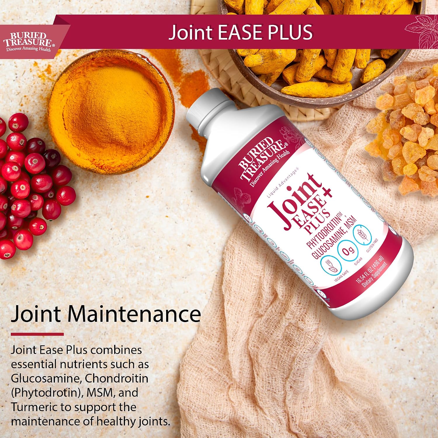 Buried Treasure Joint Ease Plus - 473 ml, Glucosamine and Chondroitin with MSM and Turmeric, Joint Supplement