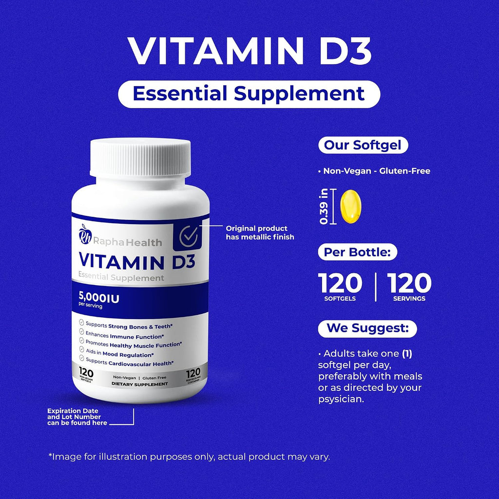 Rapha Health Vitamina D3 5000 UI | 120 Cápsulas Blandas – 4 Meses de Suministro