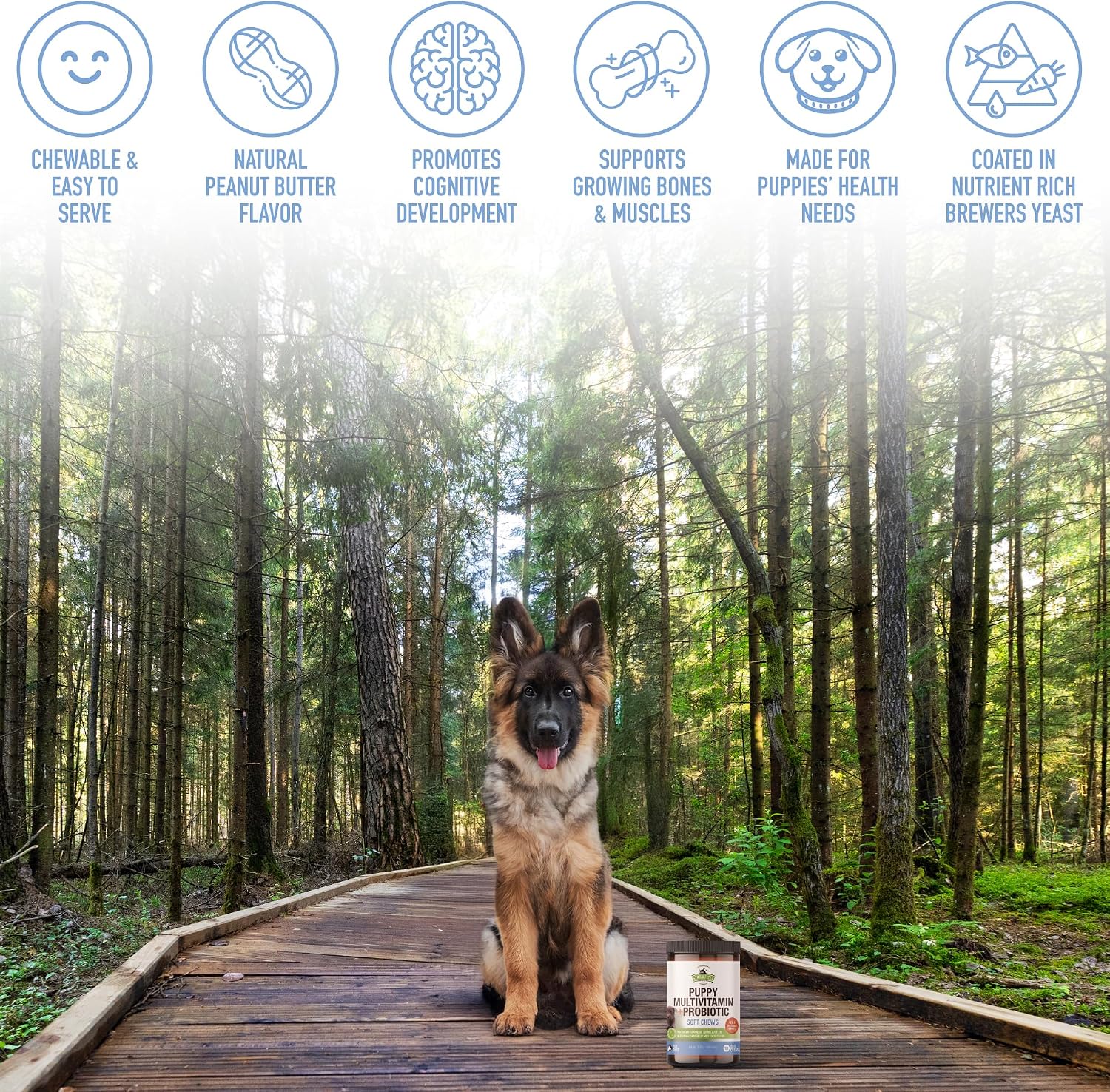 Strawfield Pets Multivitamínico + Probióticos para Cachorros - 120 Comprimidos Blandos Sabor Mantequilla de Cacahuete