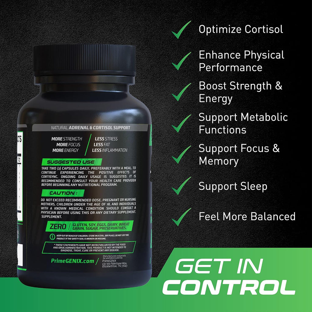 PrimeGENIX CortiSync - Reduce Cortisol, Aumenta Energía y Mejora Enfoque con Sensoril Ashwagandha - 60 Cápsulas