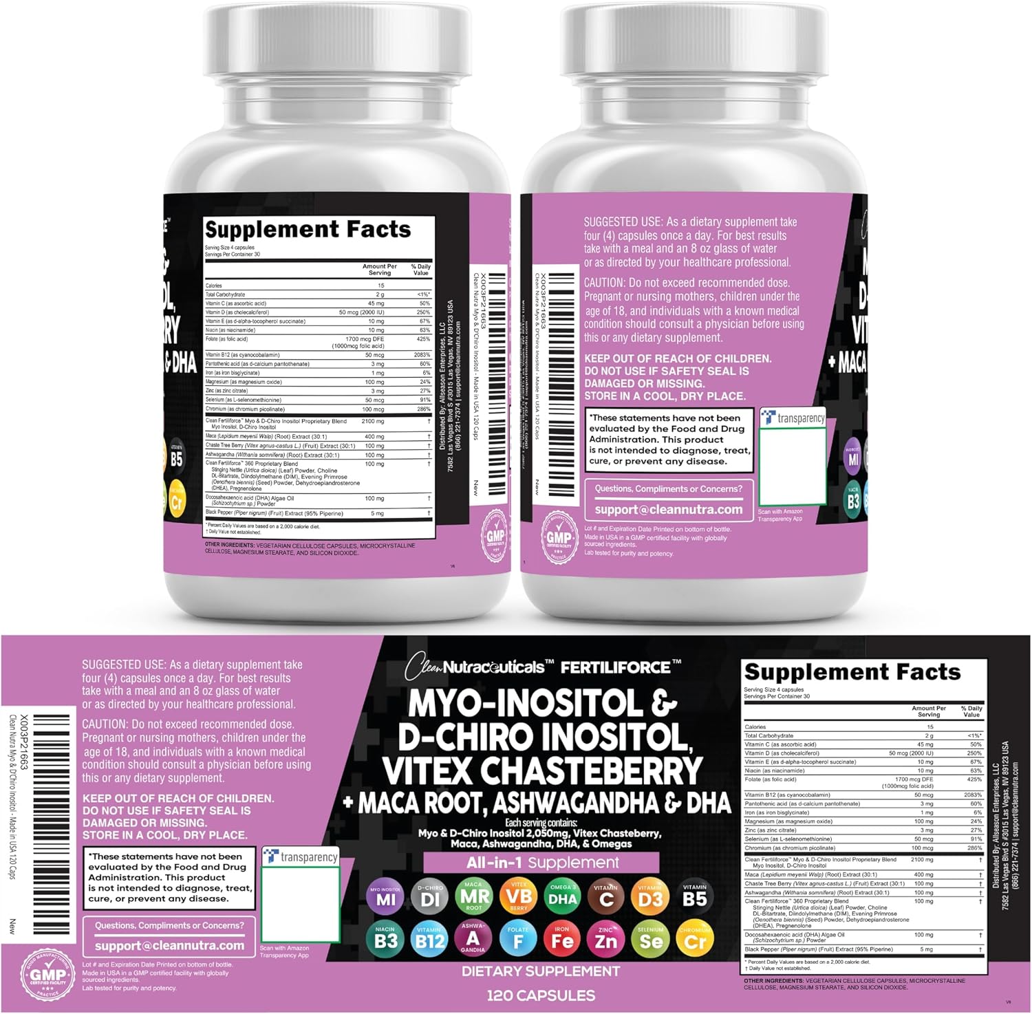 Clean Nutraceuticals Myo-Inositol y D-Chiro Inositol 2050mg - Suplemento de Fertilidad 40:1 - Vitaminas Prenatales con Ashwagandha, Maca, Vitex, Hierro, DHA, Ácido Fólico, DIM, Zinc