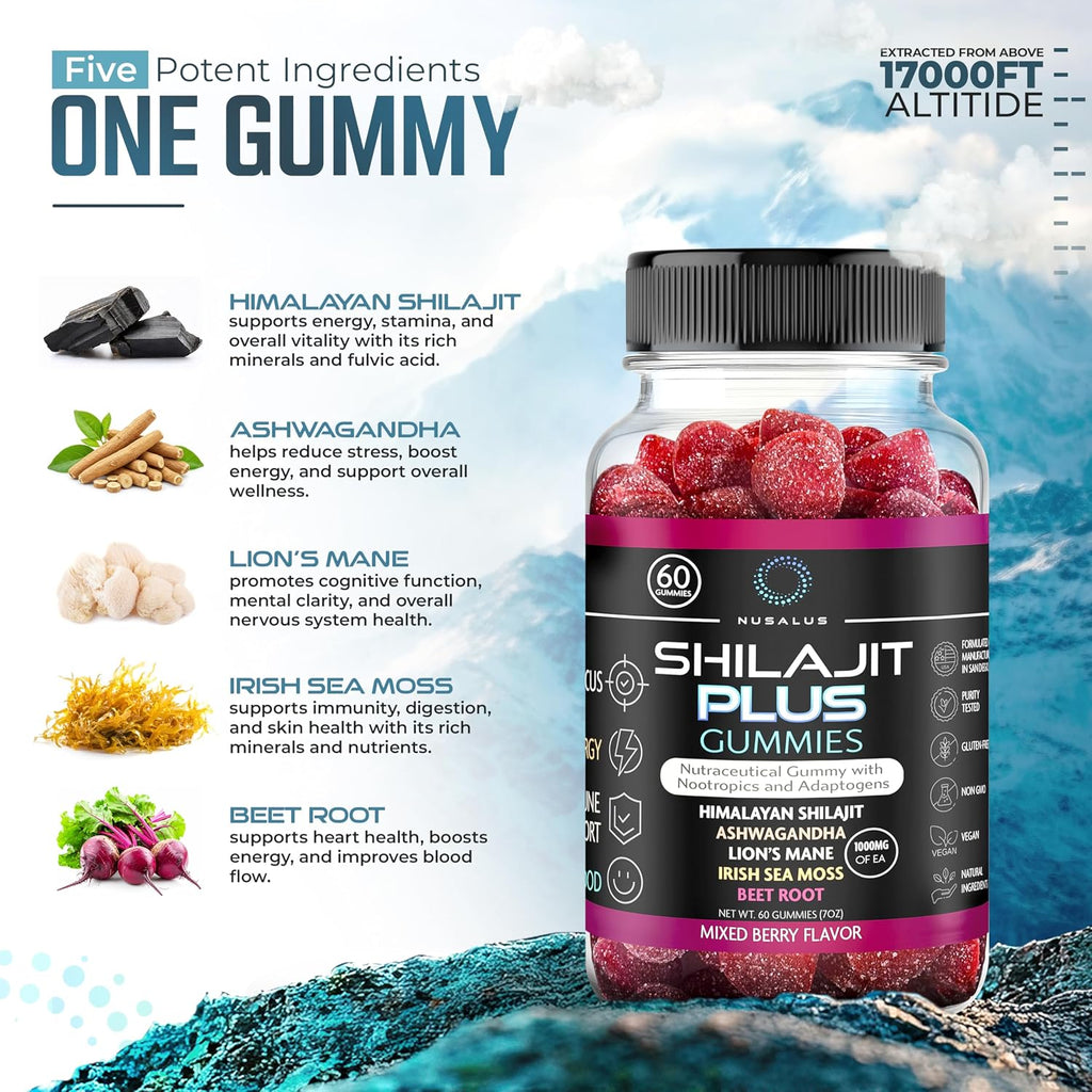 Shilajit Plus Gummies 5 en 1 - Adaptógeno y Nootrópico, 60 Gomitas Veganas
