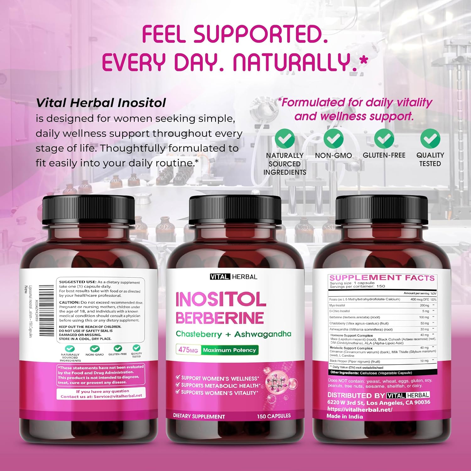 Vital Herbal Inositol Complex con Berberina, Sauzgatillo y Ashwagandha - 150 Cápsulas