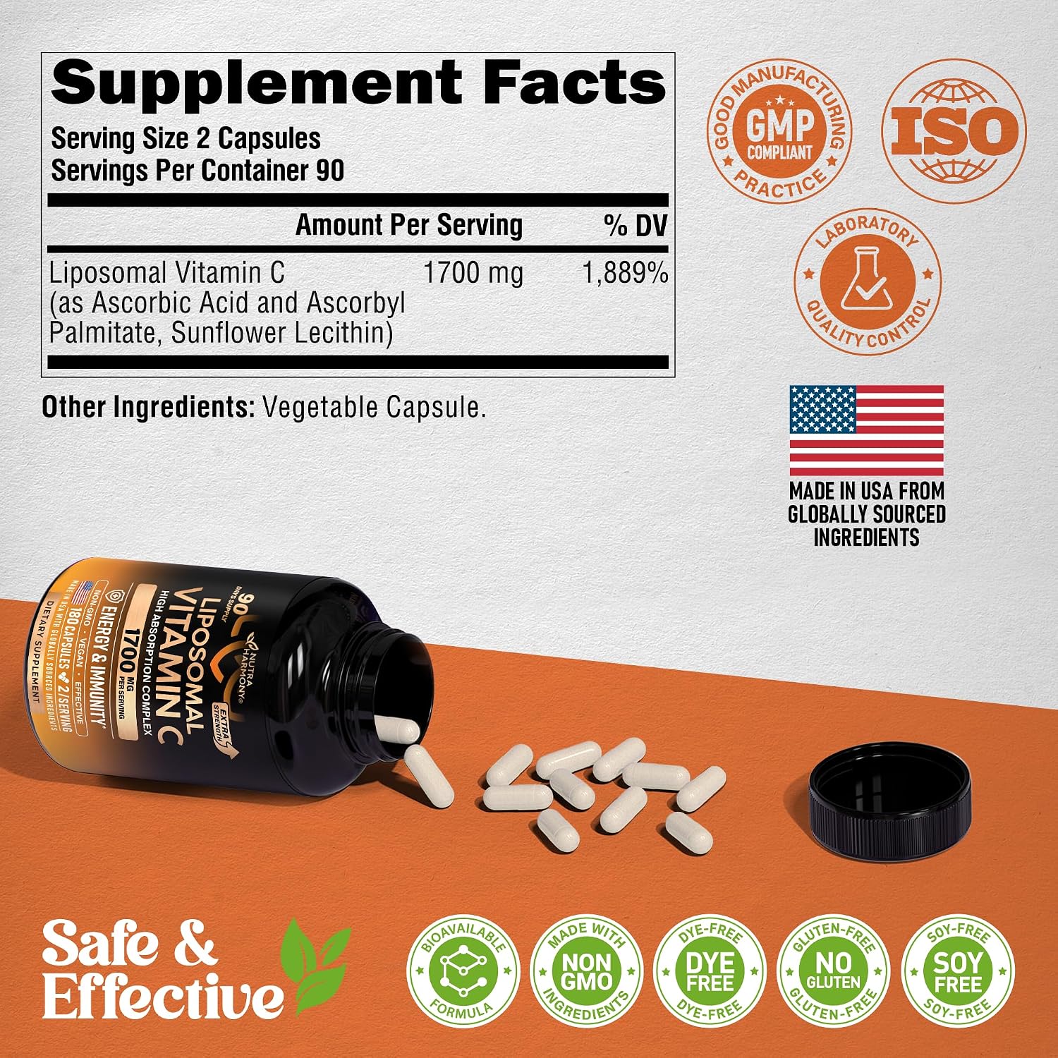 Liposomal Vitamin C 1700 mg | Fórmula de Alta Absorción | 180 Cápsulas