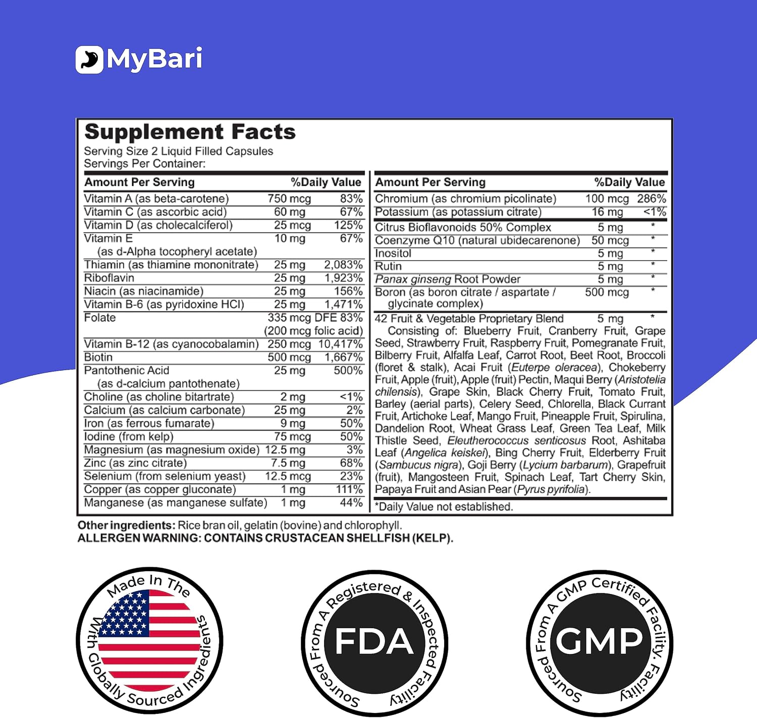 MyBari Multivitamínico Bariátrico Completo con Hierro - 60 Cápsulas Líquidas