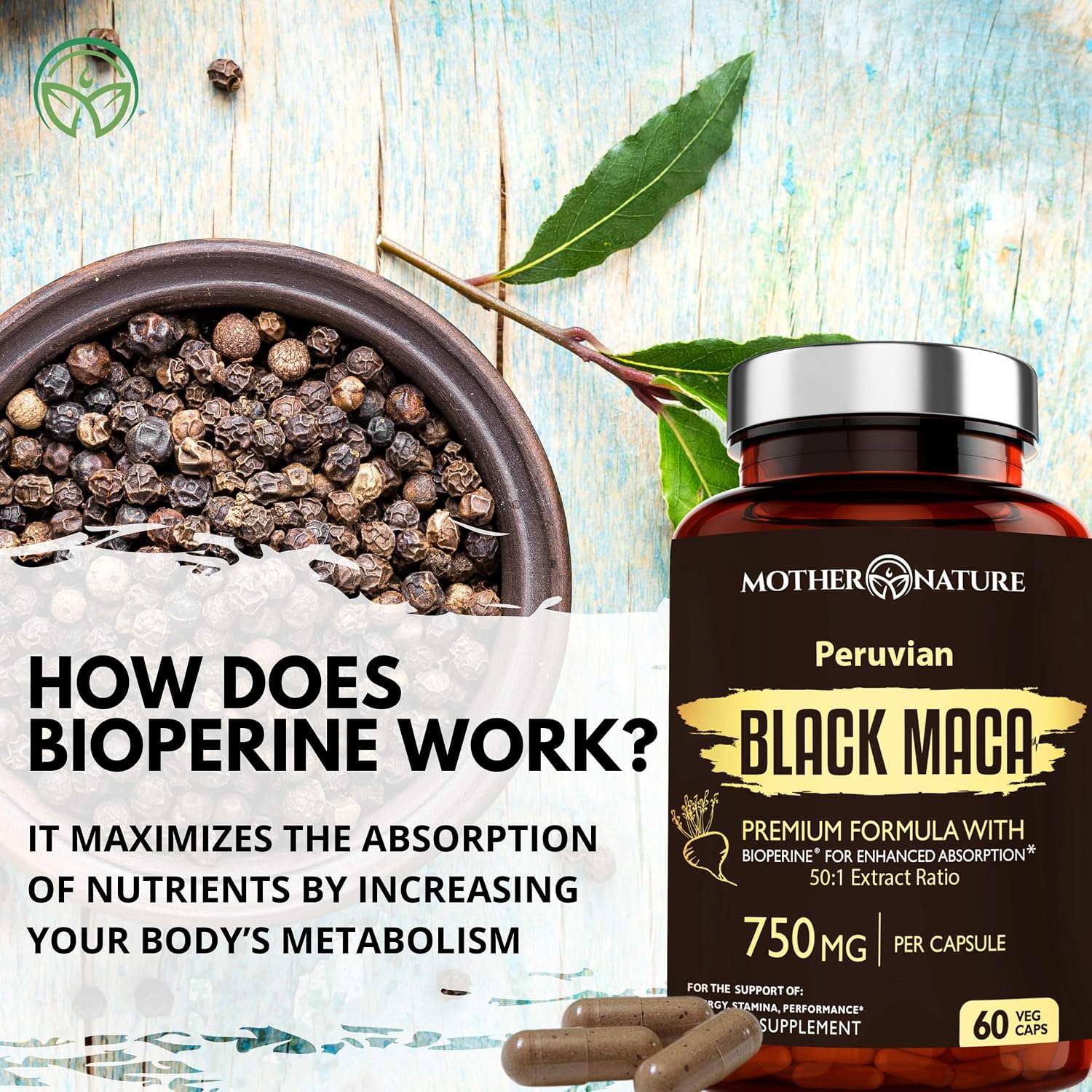 MNO Black Maca Root 50:1 750mg – Maca Negra Peruana Orgánica, 60 Cápsulas Veganas