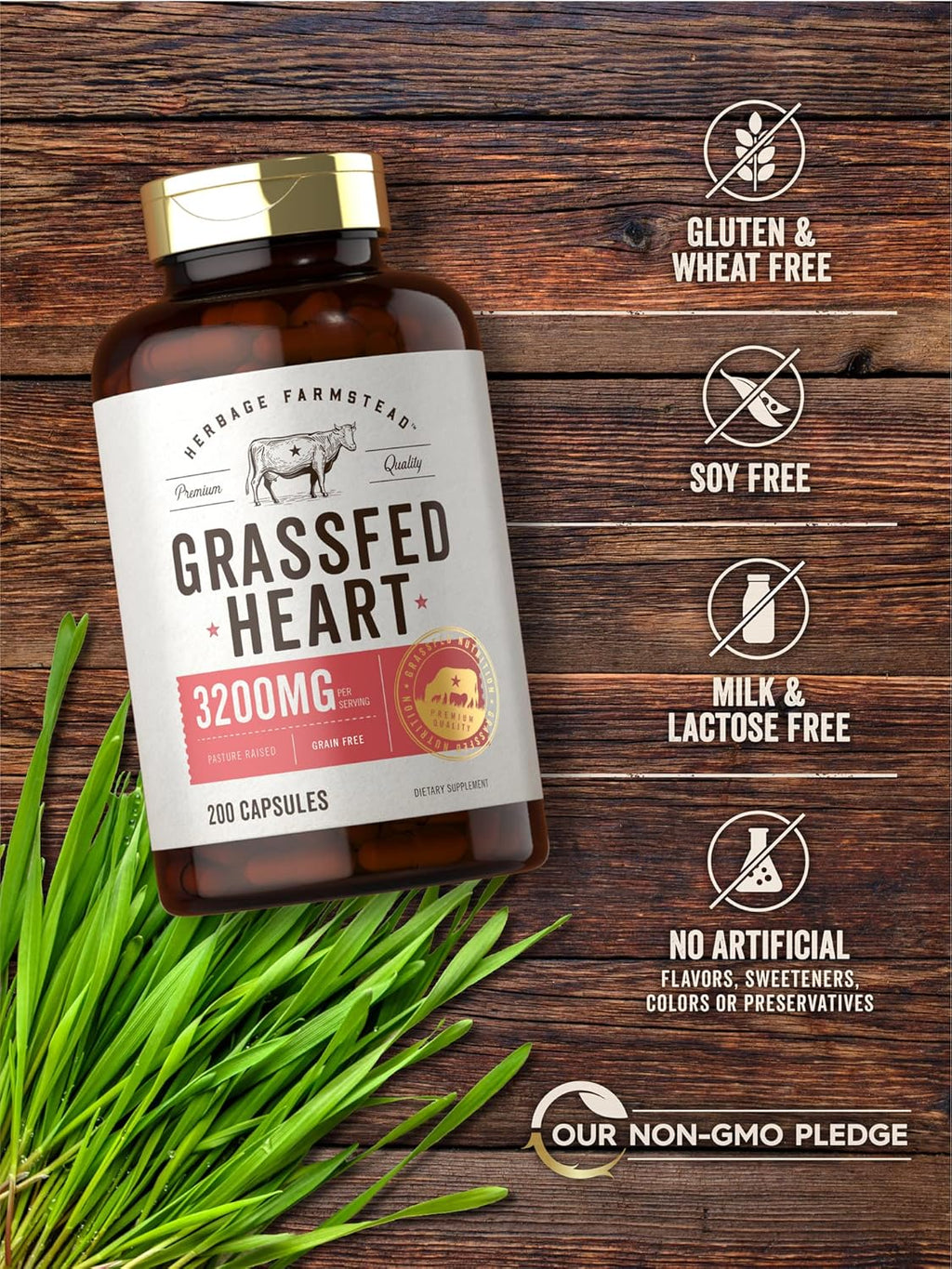 Carlyle Suplemento de Corazón de Res Grass Fed | 3200mg | 200 Cápsulas | Desecado de Animales Criados en Pasto | No OGM, Sin Gluten | por Herbage Farmstead