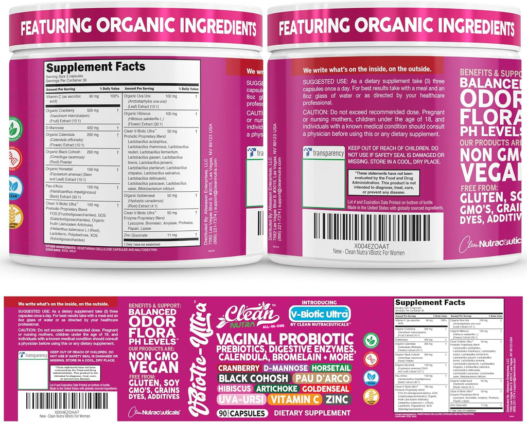 Clean Nutra Vaginal Probiotics for Women + Prebiotics Digestive Enzymes Bromelain Cranberry D Mannose Horsetail Black Cohosh Artichoke Hibiscus Flowers Probiotic for Digestive Health 90 Vegan Capsules