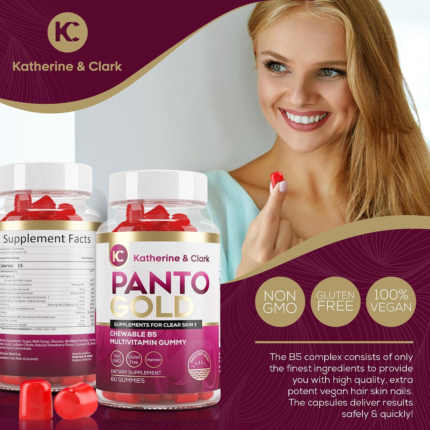 Panto Gold Vitamin B5 y Biotina Gummies para Piel, Cabello y Uñas