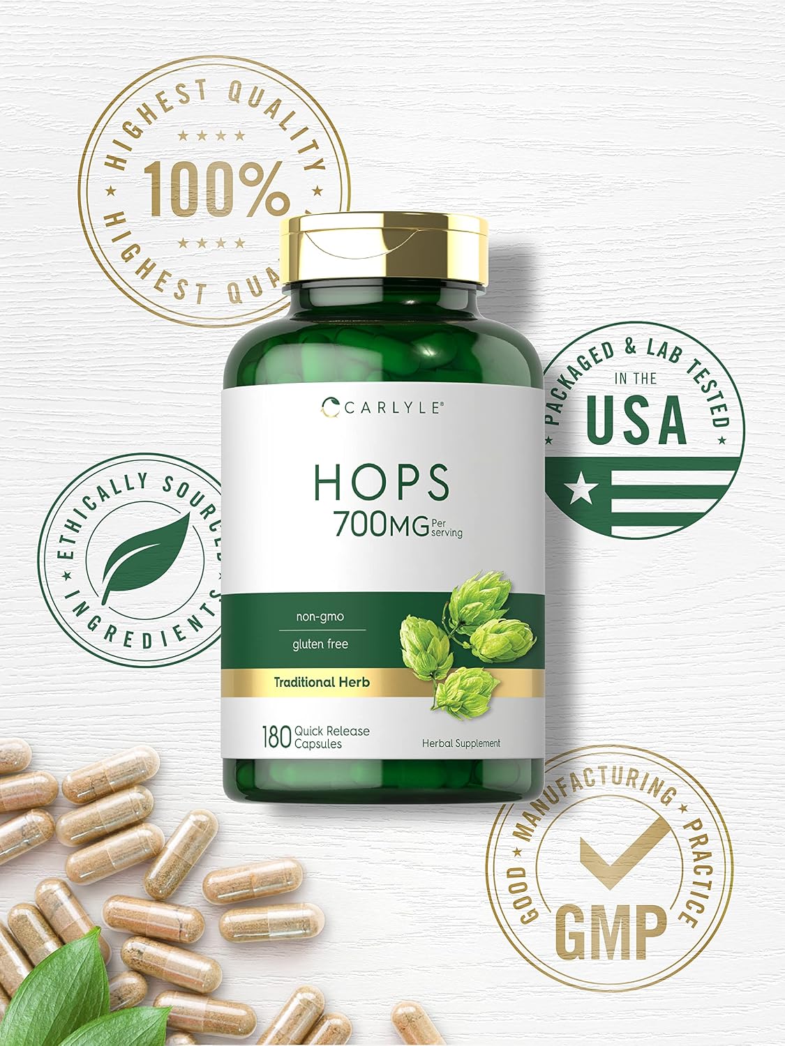 Carlyle Suplemento de Lúpulo 700mg | 180 Cápsulas | No-GMO y Sin Gluten | Hierba Tradicional