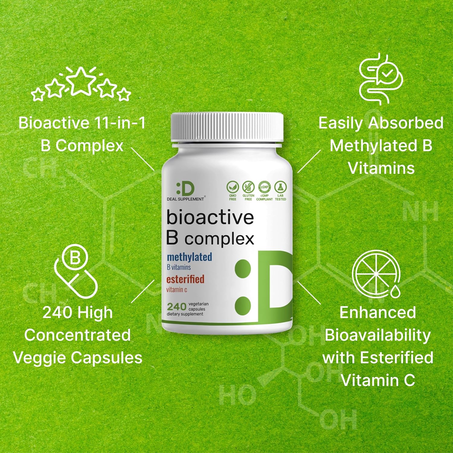 Complejo B Bioactivo con Vitaminas Metiladas y Vitamina C - 240 Cápsulas Veganas