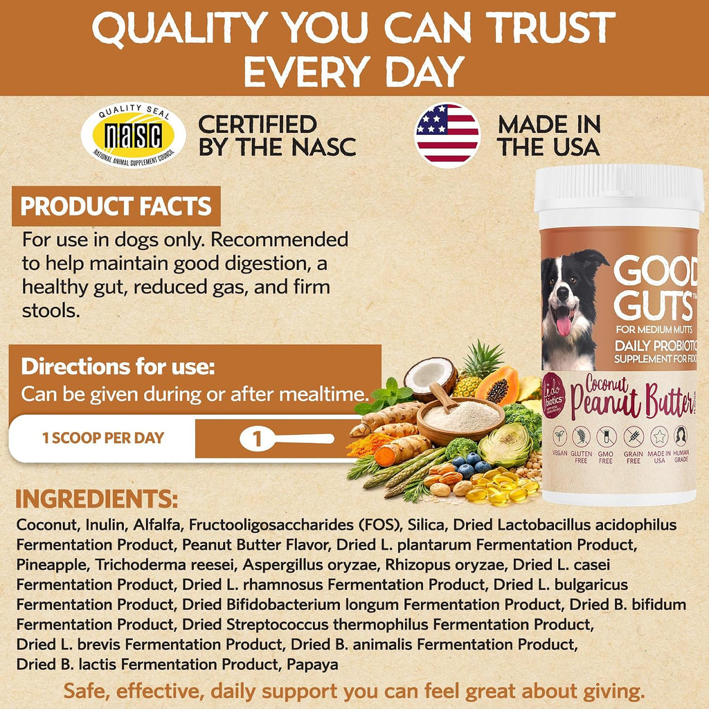 Good Guts Probiotics for Dogs – Probiótico en Polvo para Perros Medianos, 6B UFC, Enzimas y Prebióticos
