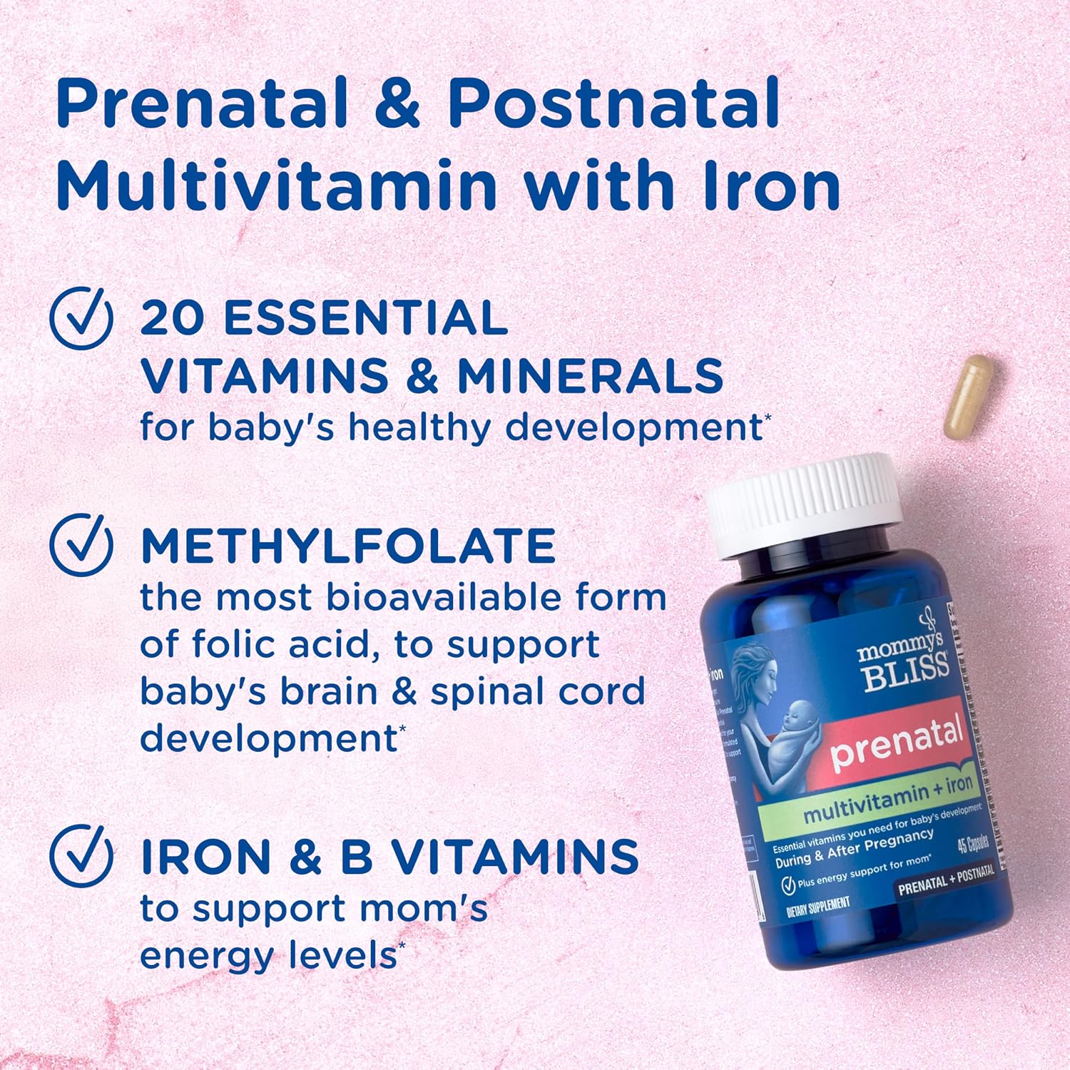 Mommy's Bliss Multivitamínico Prenatal con Ácido Fólico, Hierro y Probióticos - Vegano, Sin Gluten (45 cápsulas)