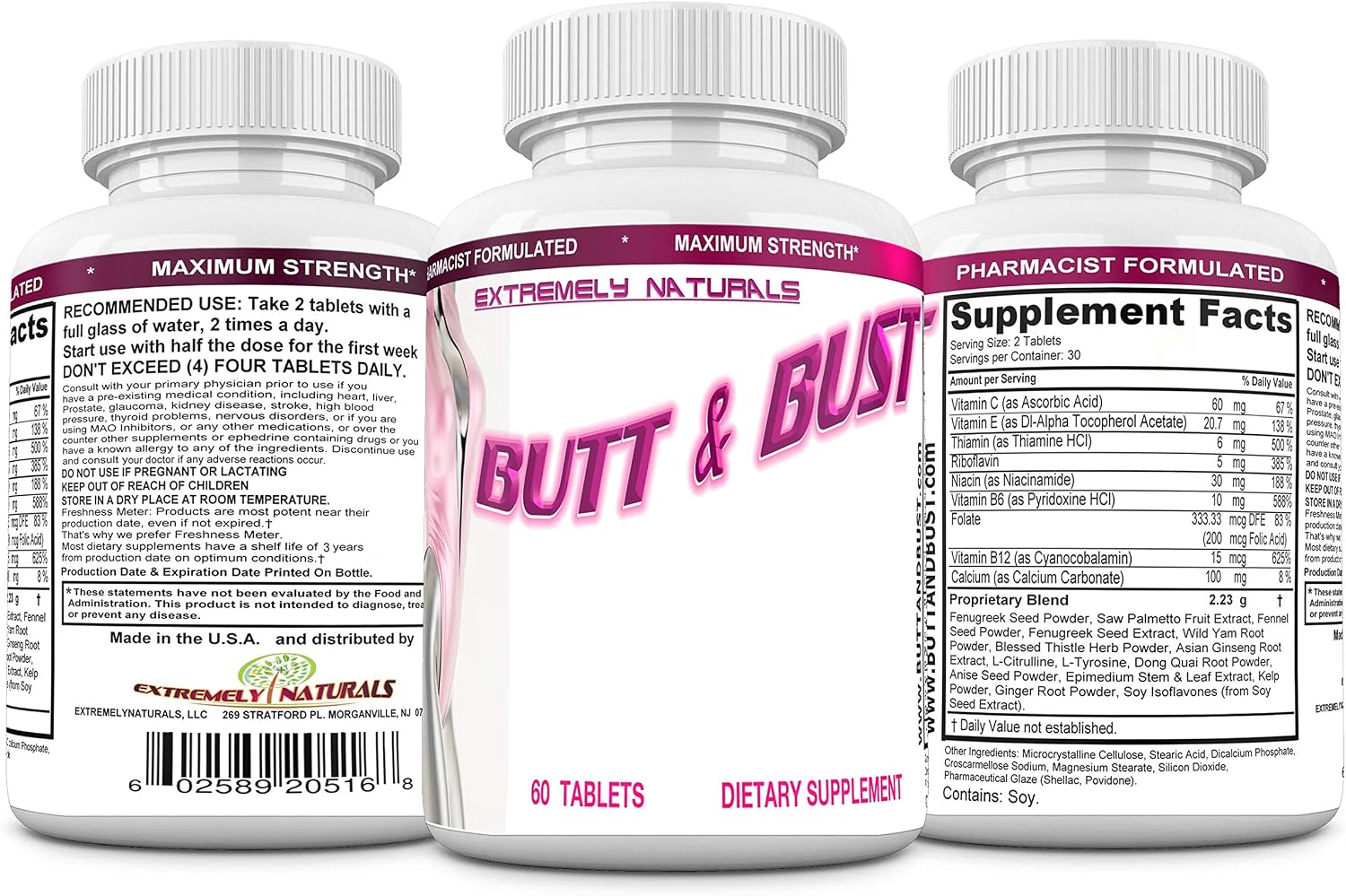 Pastillas para Glúteos y Busto - 60 Comprimidos (Doble Potencia, 2640 mg) - Extremely Naturals