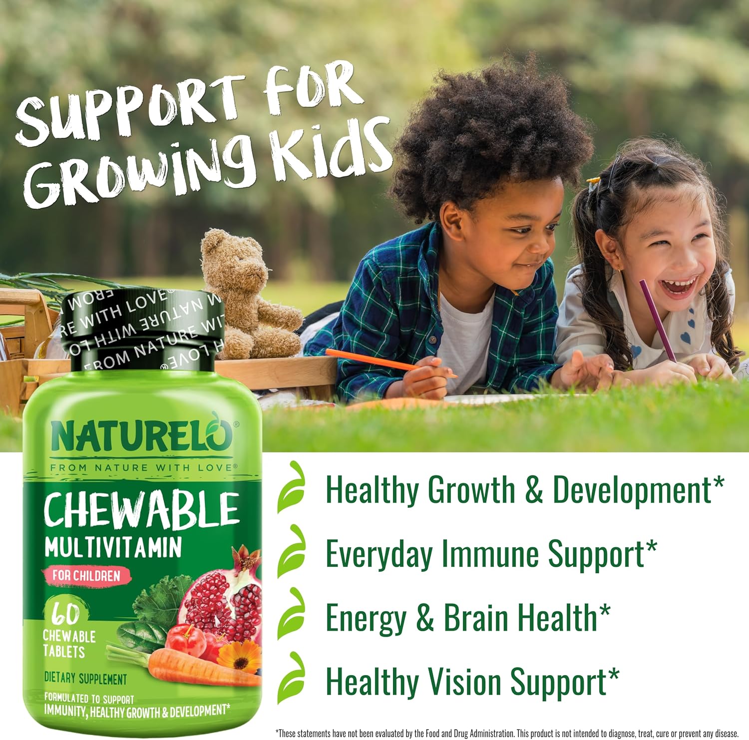 NATURELO Multivitamínico Masticable para Niños con Mezcla de Frutas Orgánicas - 60 Comprimidos