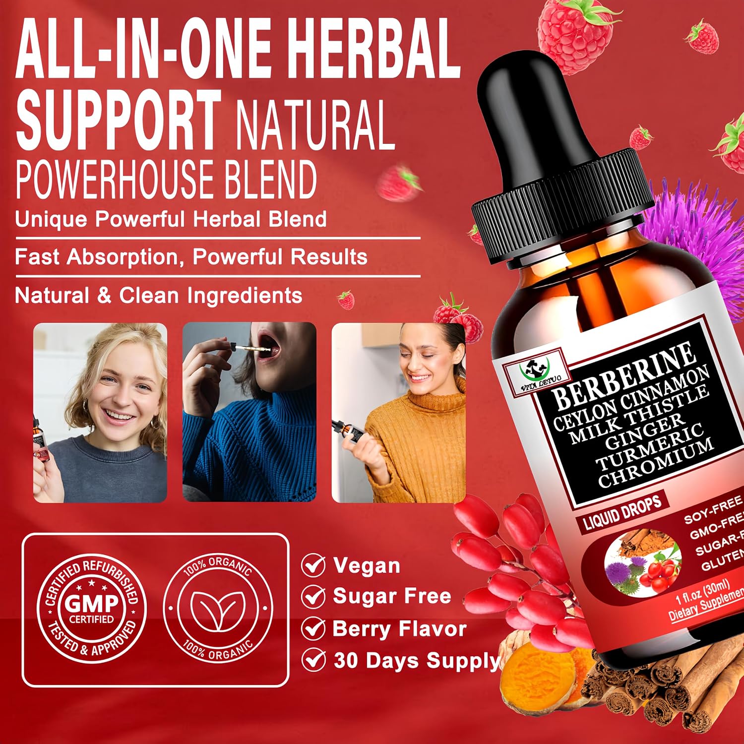 Berberine Drops 6-en-1 de Vita letuo - Complejo Líquido de Berberina con Canela, Cardo Mariano y Cúrcuma, 30 Dosis
