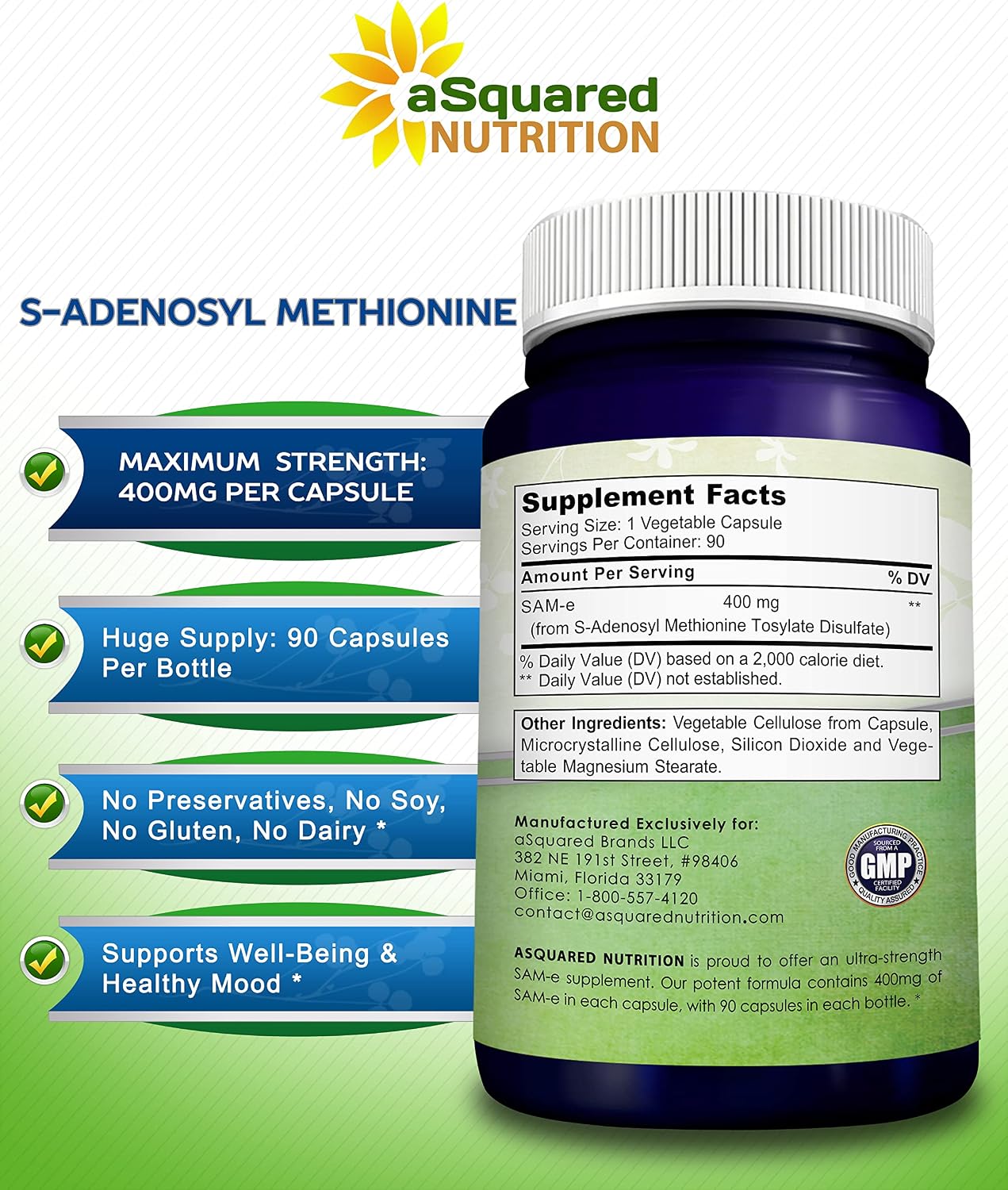 aSquared Nutrition SAM-e 400mg, 90 Cápsulas Veganas