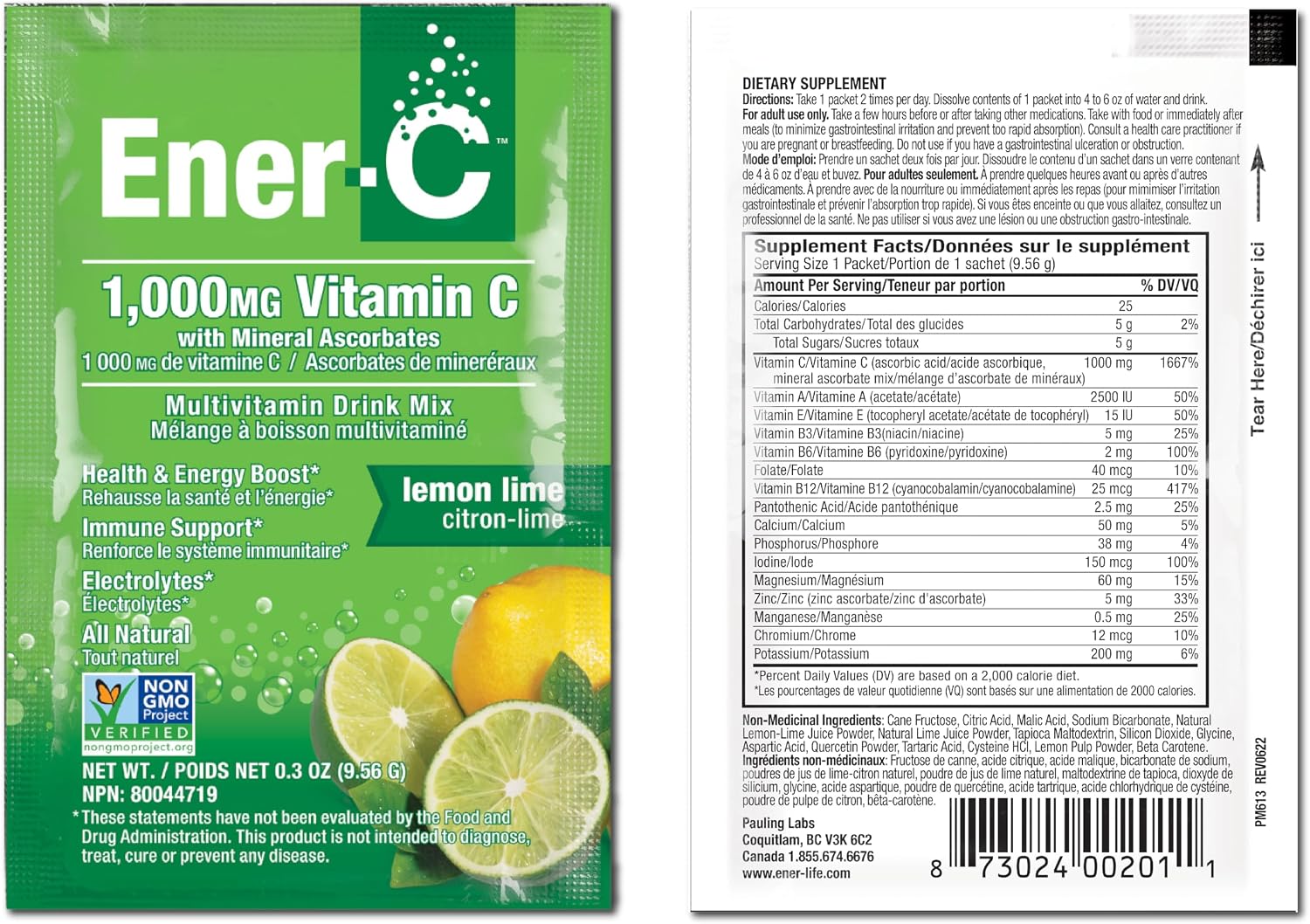 Ener-C Multivitamínico Bebida Mezcla con Electrolitos - Limón Lima, 60 sobres